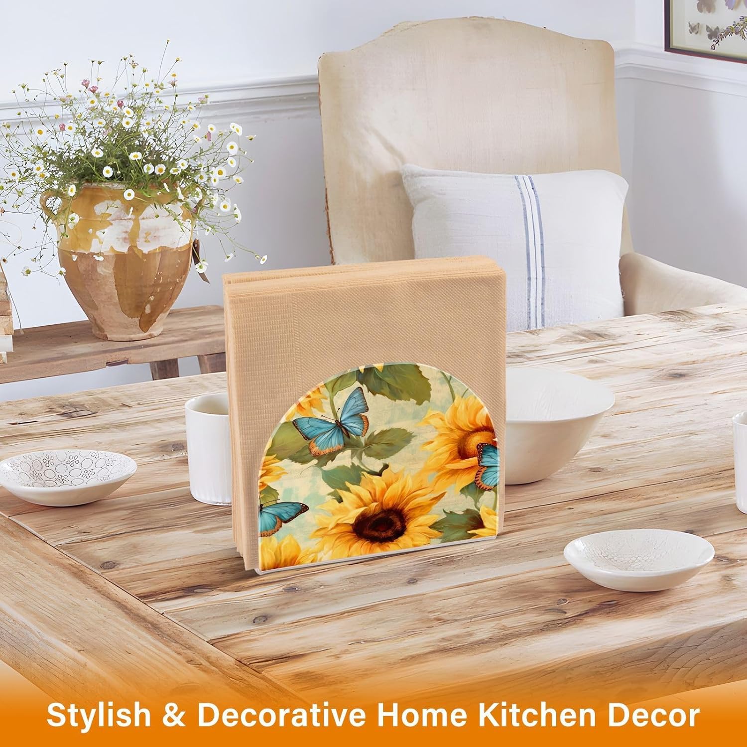 Sunflower and Butterfly Acrylic Napkin Holder Clear Crystal Tissue Paper Dispenser for Table, Kitchen Countertop, Restaurant, Decor