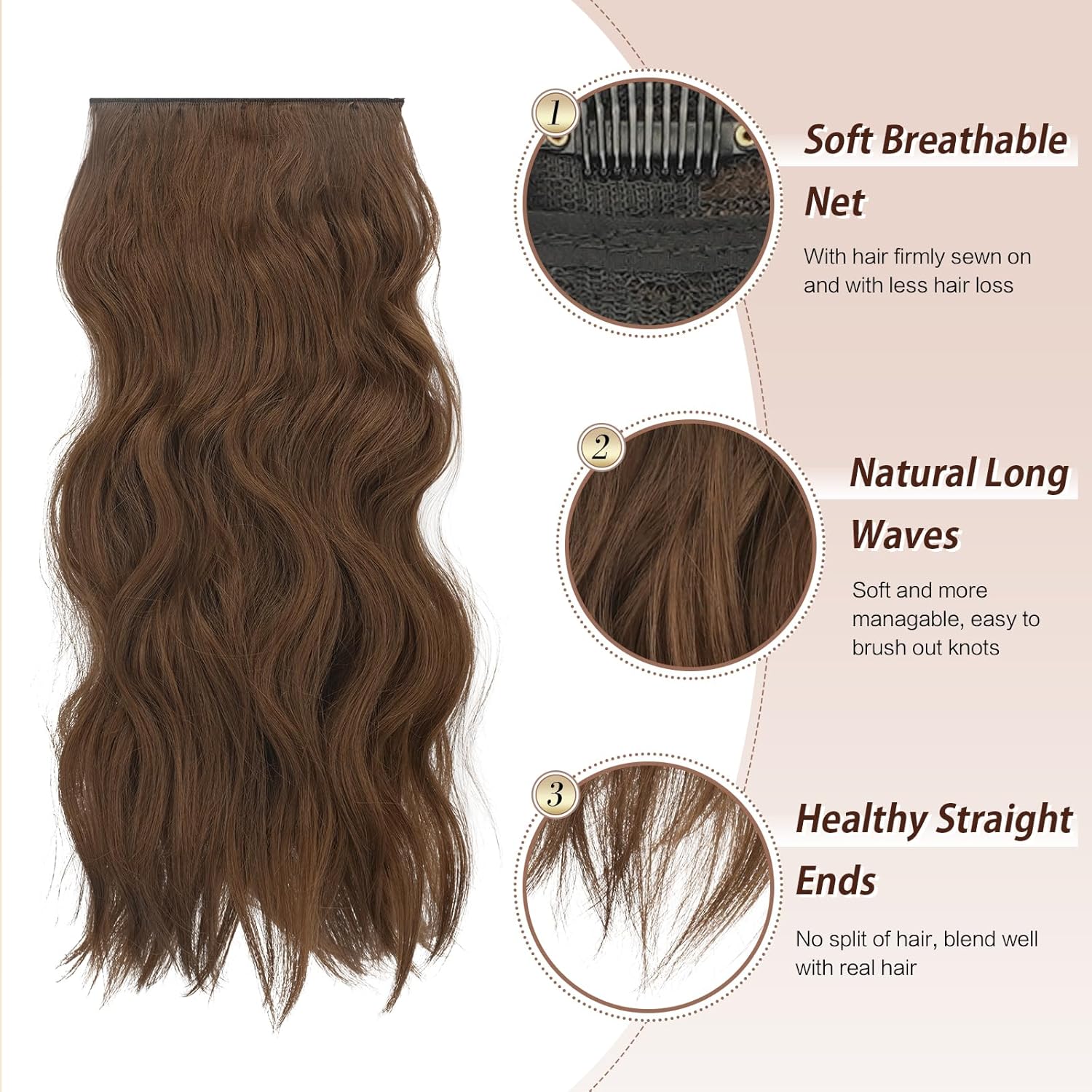 FESHFEN 4 extensiones de cabello con clip, extensiones de cabello sintético largo ondulado con clip, extensiones de cabello sintético de cabeza