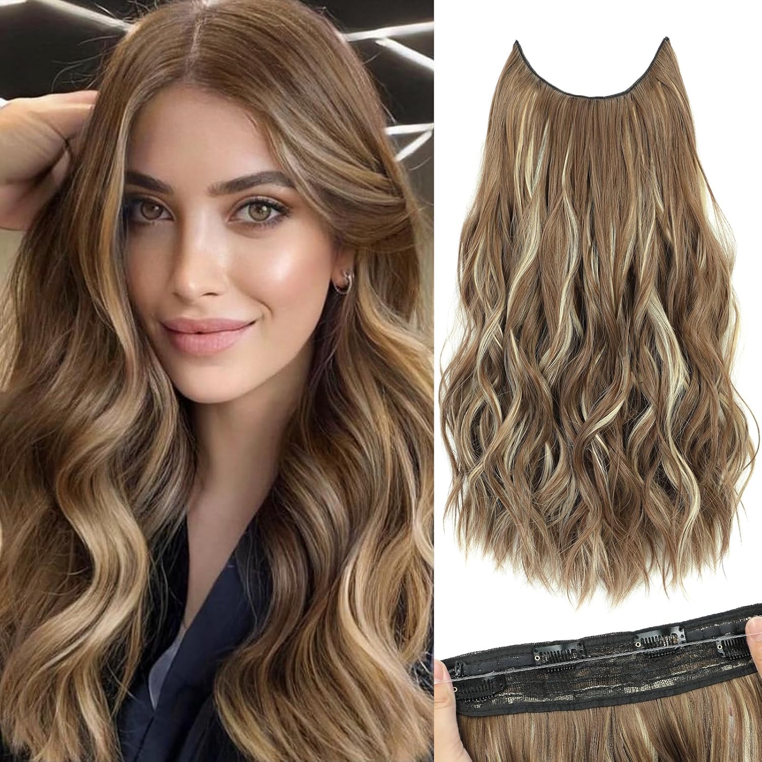 Extensiones de cabello con alambre invisible de 20 pulgadas, extensiones sintéticas de alambre transparente ajustable, 4 extensiones de cabello