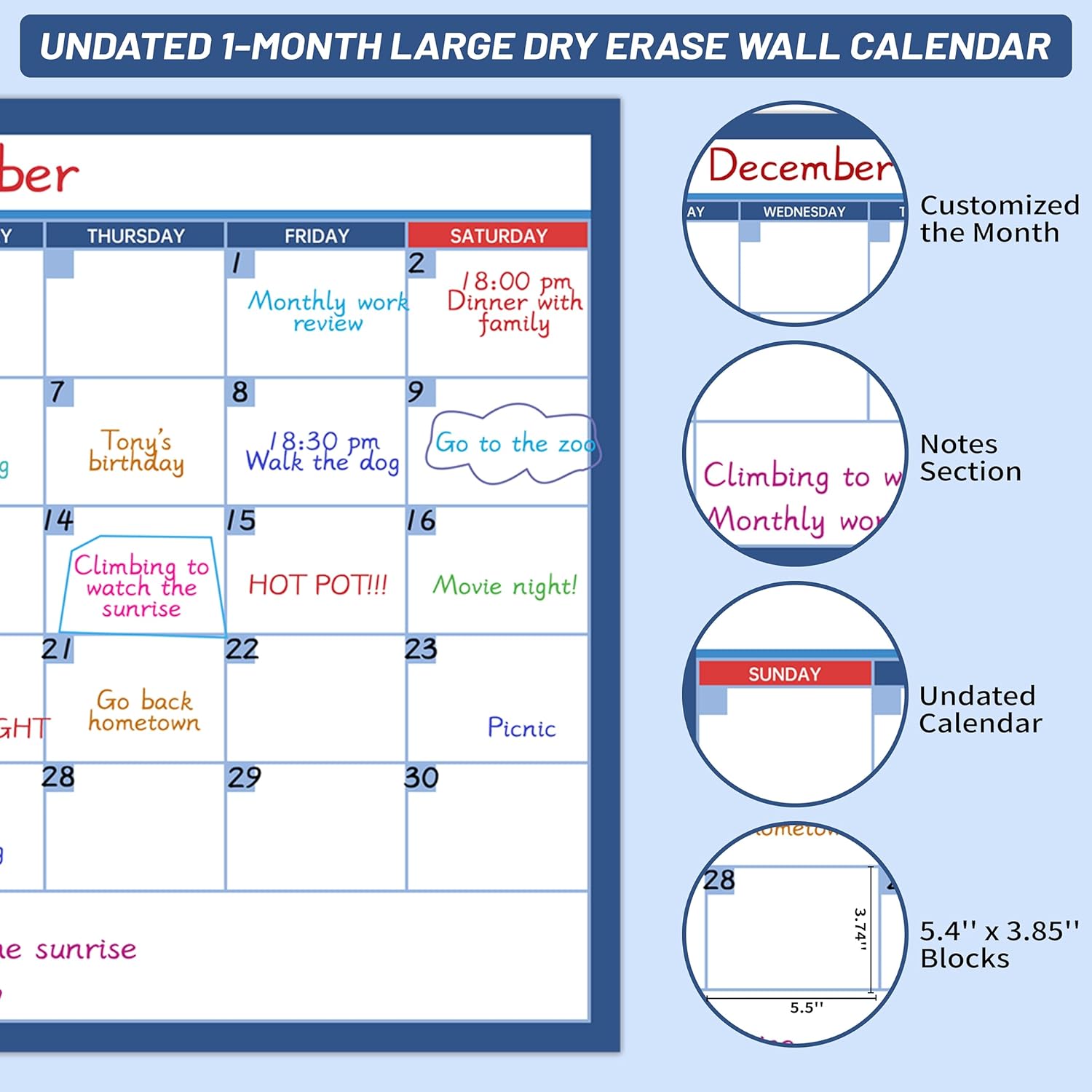 Calendario grande de borrado en seco para pared, calendario de pared de 1 mes sin fecha, 40 x 28 pulgadas, calendario laminado borrable y