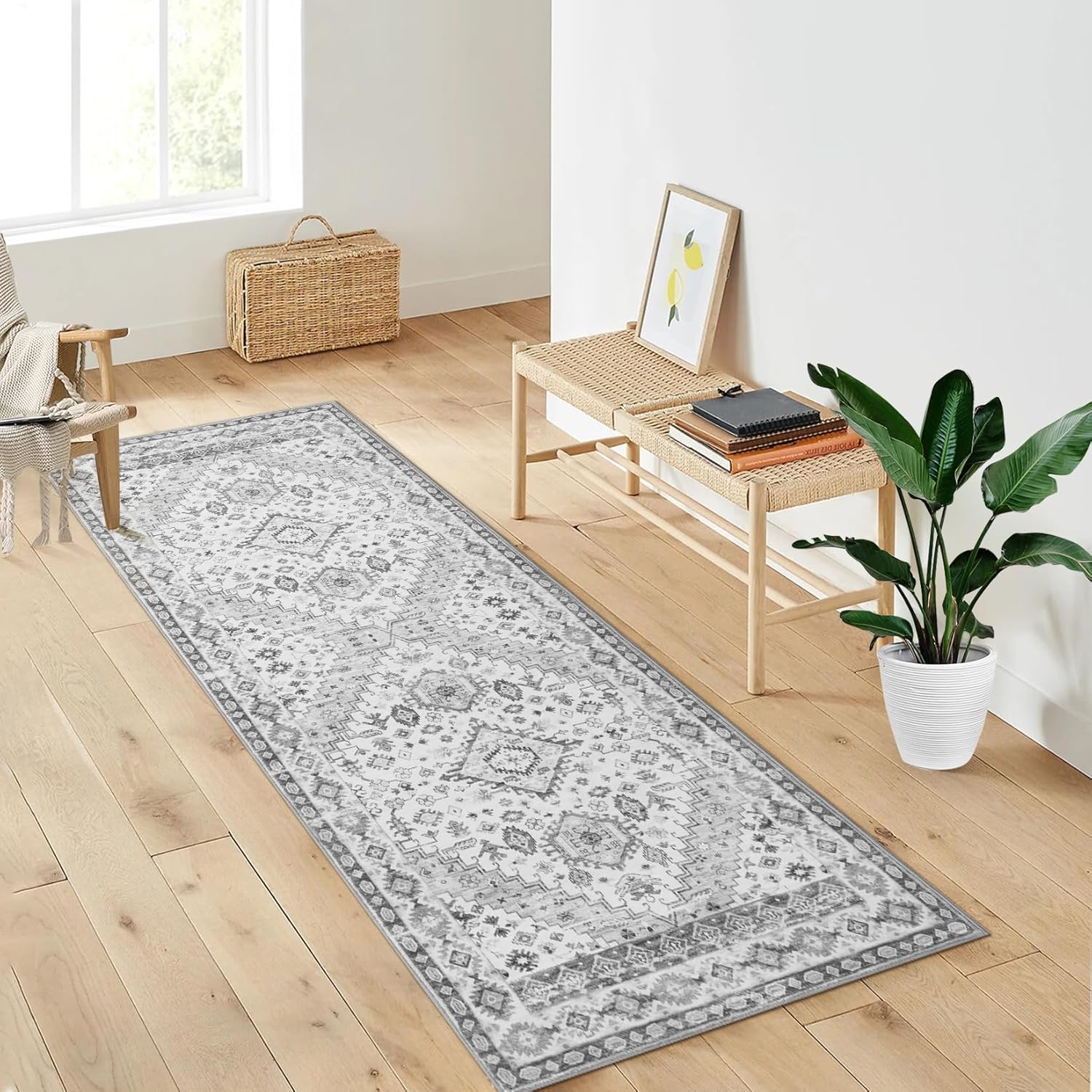 Alfombra de pasillo tribal vintage de 2 x 6 pies, lavable a máquina, alfombra de pelo bajo, antideslizante y no desprende pelusa, alfombra de piso,
