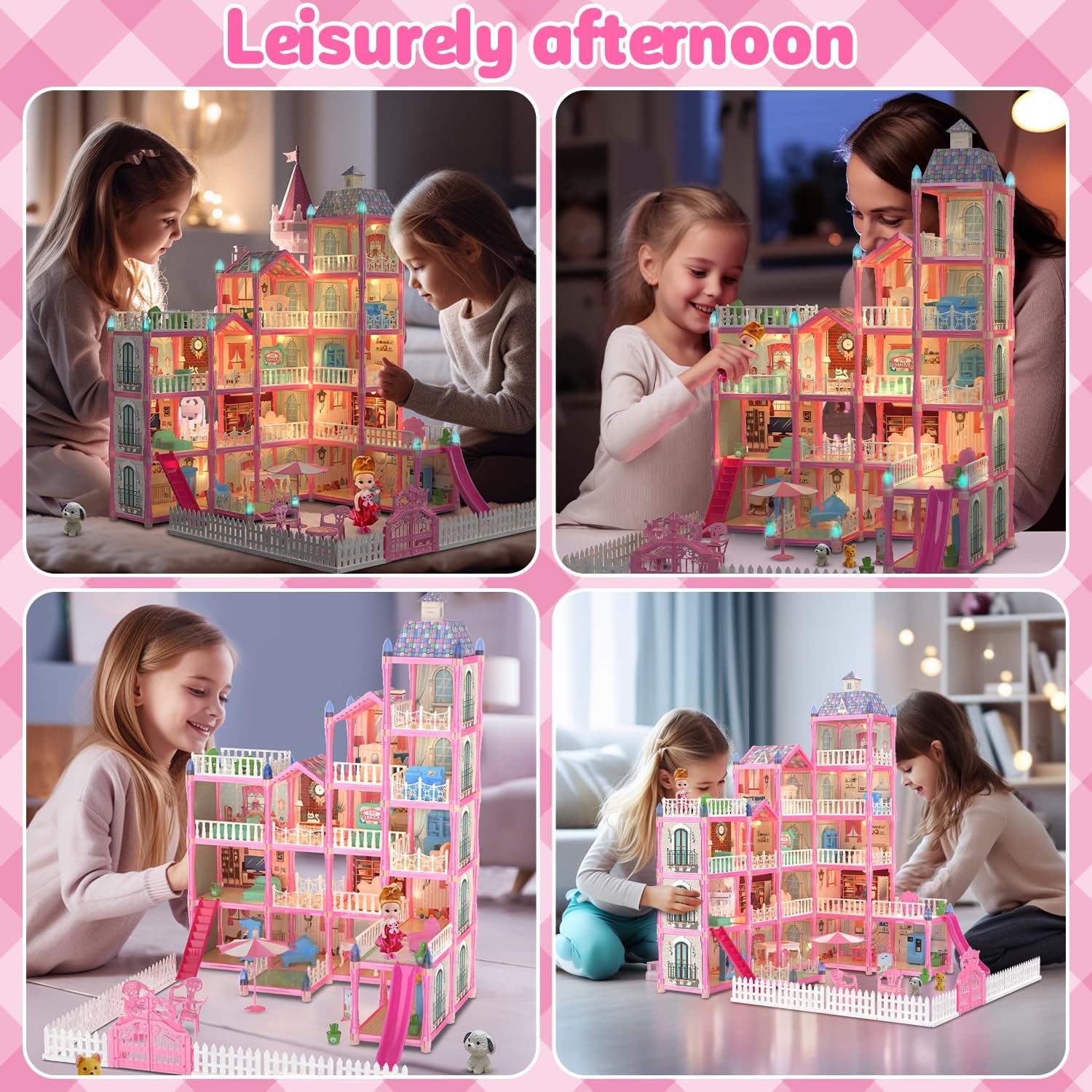 JoyZin 374 piezas de casa de muñecas casa de ensueño para niñas, casa de juegos de princesa con luces, accesorios de muebles, juegos de simulación,