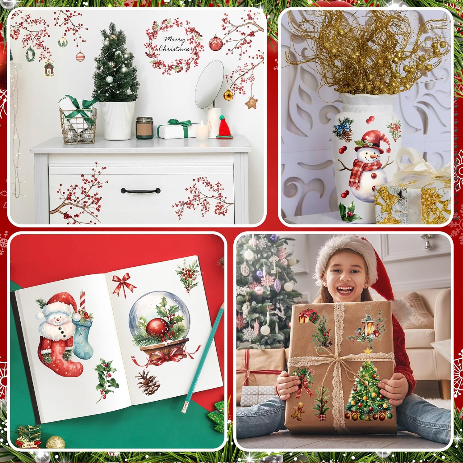 SATINIOR 16 hojas de calcomanías de Navidad para manualidades y muebles, calcomanías de árbol de Navidad, muñeco de nieve, bayas rojas, calcomanías
