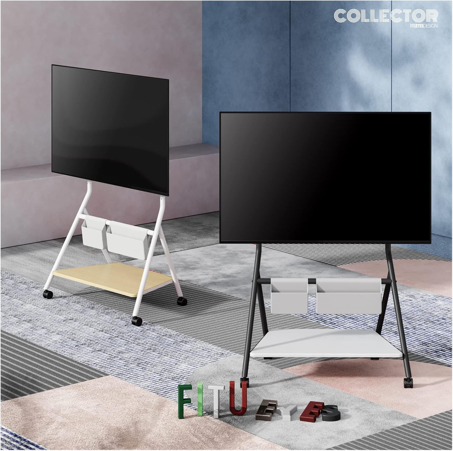FITUEYES Soporte de TV móvil de diseño para TV de 55, 60, 65, 75, 78 pulgadas, soporte de suelo con soporte para oficina, sala de estar, hotel,