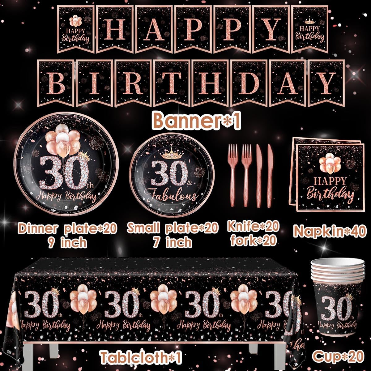 142 piezas de vajilla de 30 cumpleaños para mujer, suministros de fiesta de cumpleaños de 30 años de color oro rosa para ella, mantel desechable,