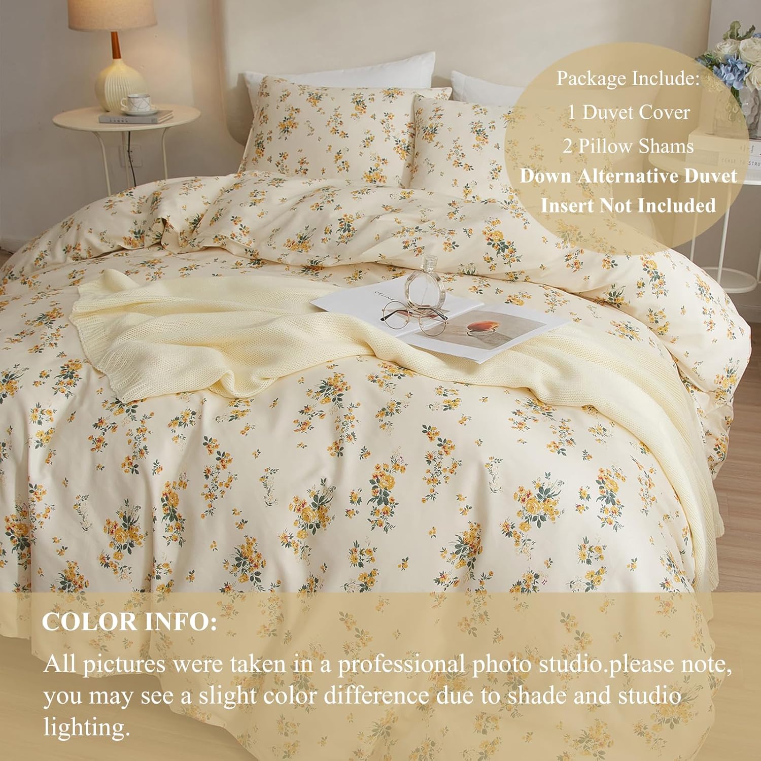 VClife Juego de funda de edredón color crema tamaño Queen  Juego de ropa de cama de algodón suave con estampado floral amarillo, cierre de