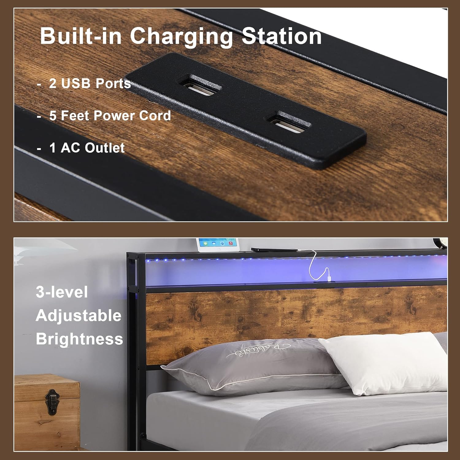 Base de cama Queen con luces LED y 2 puertos USB, base de cama de metal industrial tamaño Queen con cabecera de madera de almacenamiento de 2