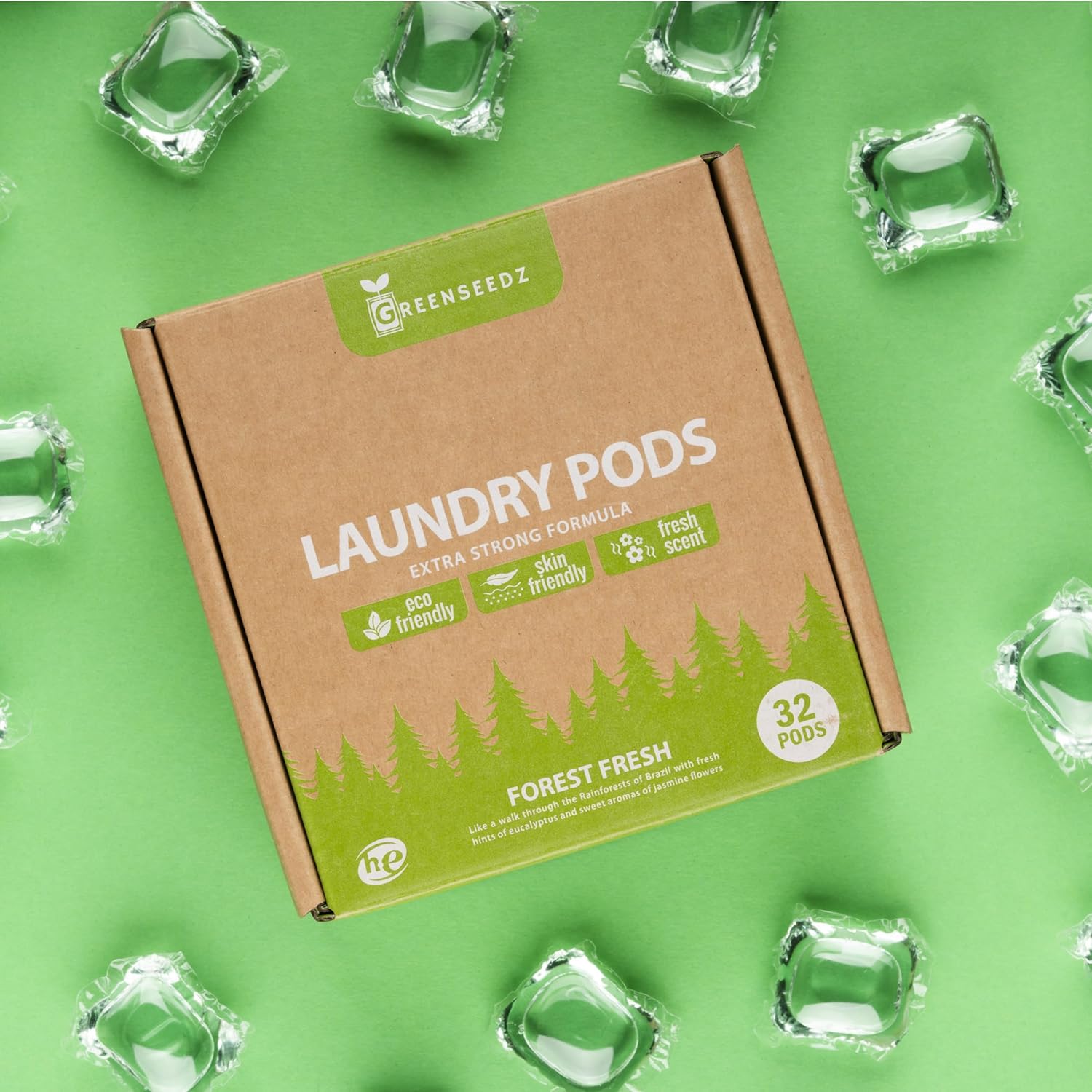 Greenseedz Cápsulas de detergente ecológico 5 en 1  Limpieza ultra fuerte  Aroma de bosque fresco  32 cápsulas  Para todas las máquinas (HE)