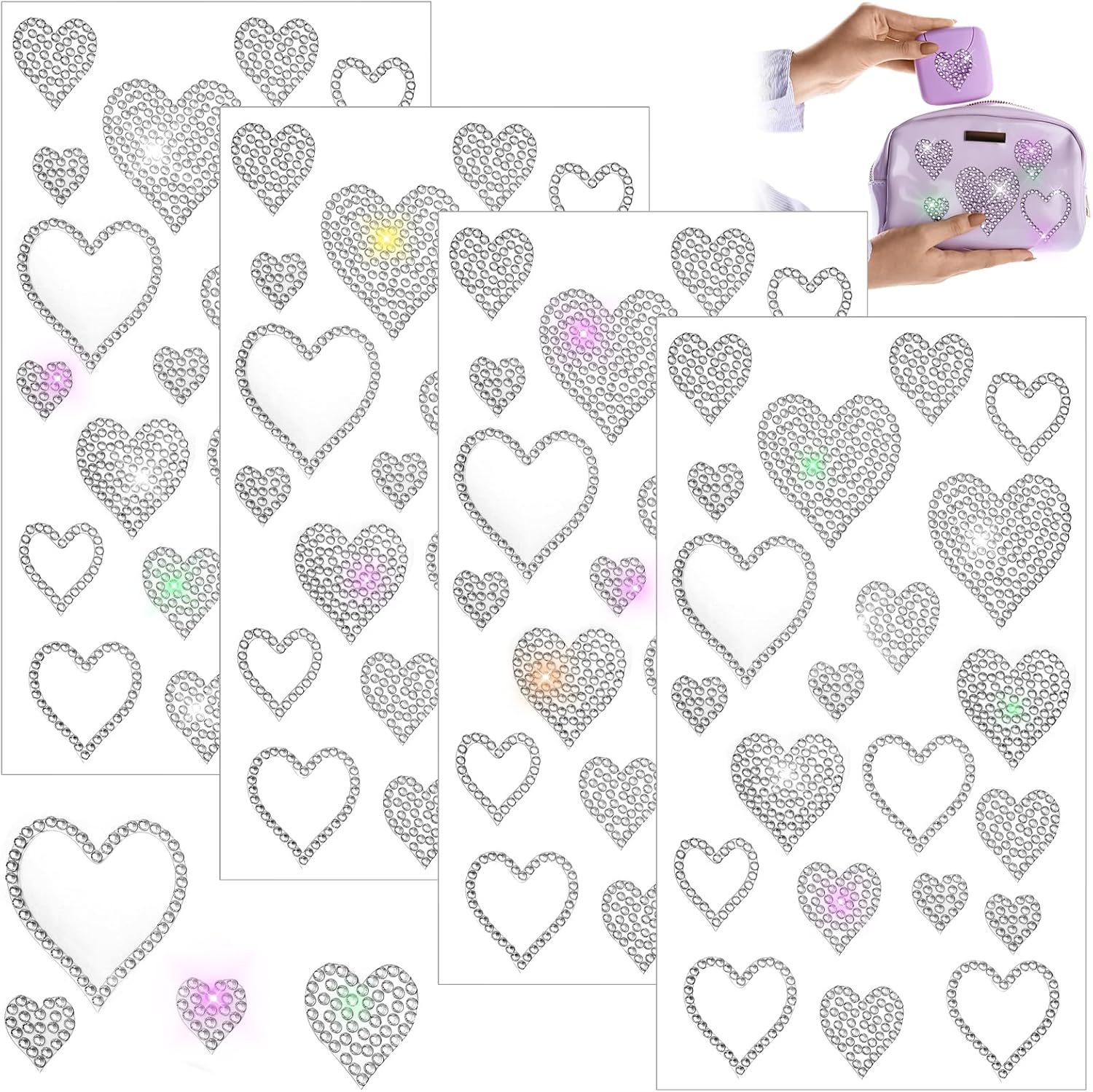 4 hojas autoadhesivas de corazón con purpurina y diamantes de imitación para el día de San Valentín, Navidad, decoración de manualidades, ventana de