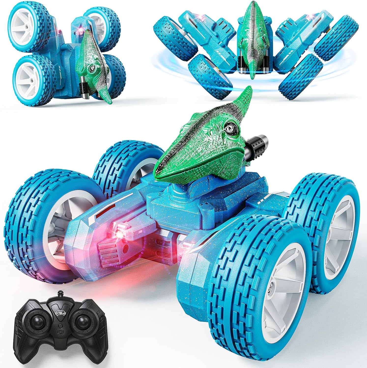 Mini auto de control remoto, dinosaurio a control remoto, juguete de camión para niños pequeños a escala 128 con luz, 4WD, 2.4 Ghz recargable, todos