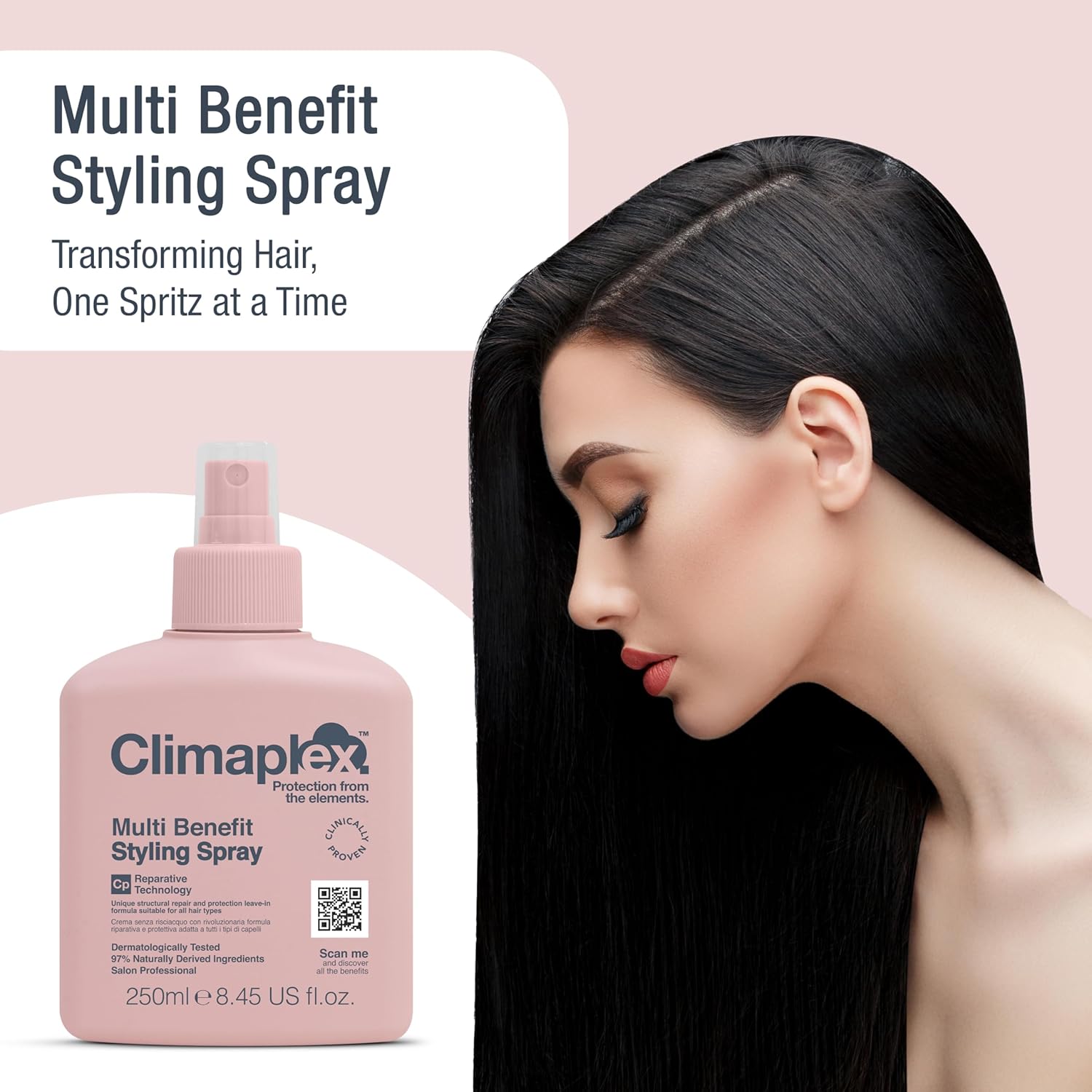 Climaplex Spray de peinado multibeneficio  Control de encrespamiento antihumedad  Ayuda a fortalecer y prevenir daños por calor  Contiene beneficios