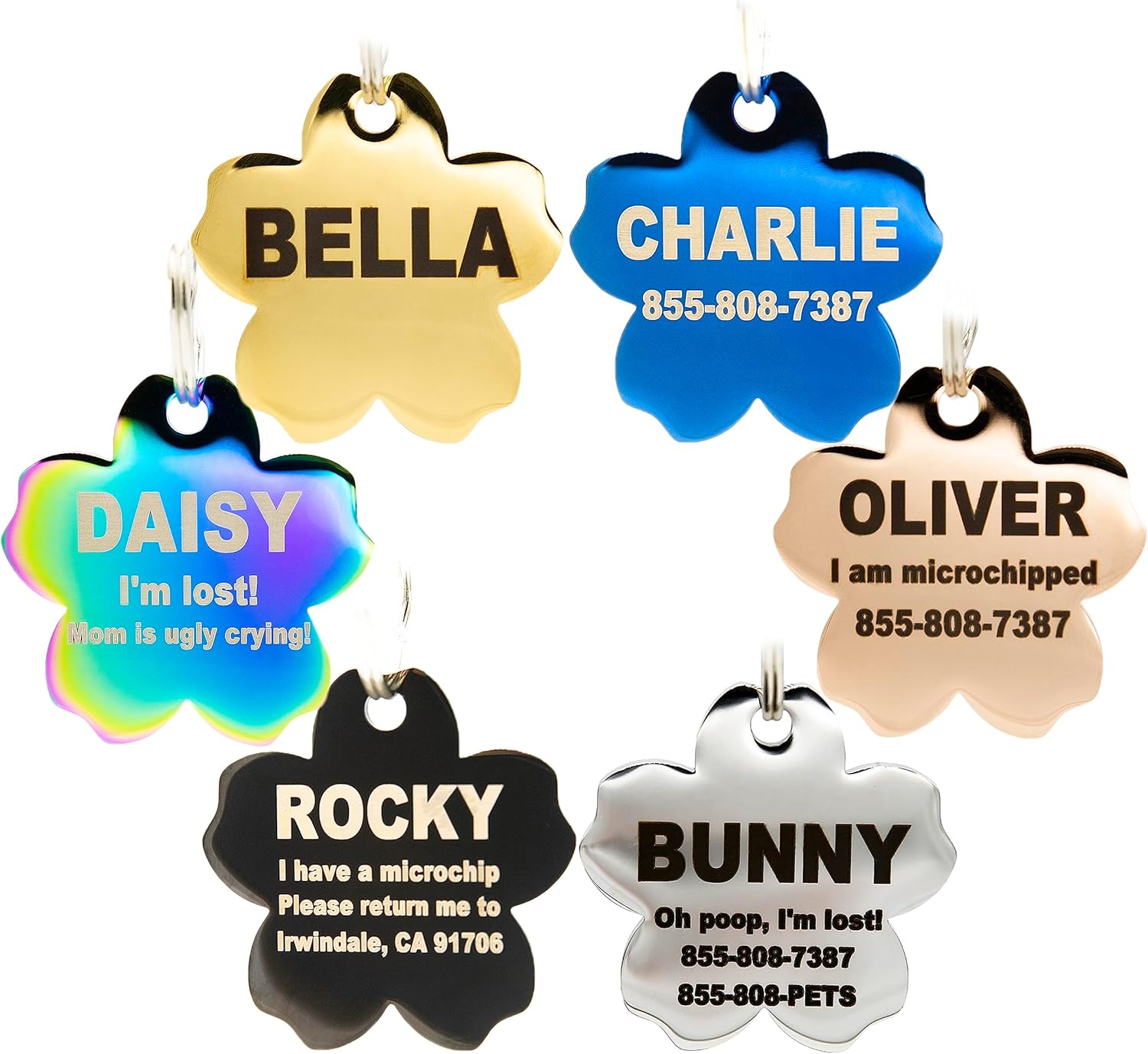 PetANtastic – Etiquetas identificatorias grabadas personalizables, en acero inoxidable, para perro o gato, identificación frontal y trasera, chapado
