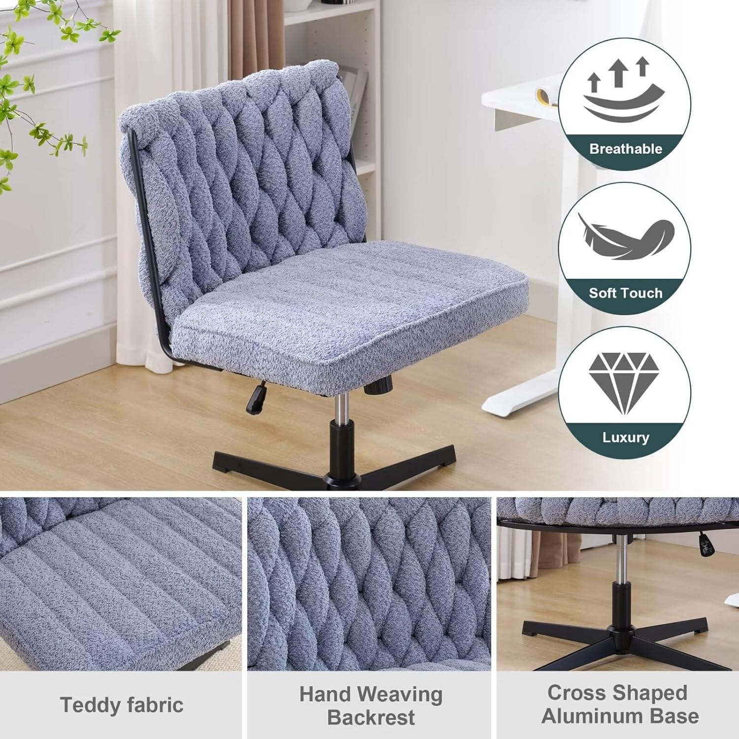 Silla giratoria sin brazos para oficina en casa, patas cruzadas, sin ruedas, asiento ancho de terciopelo tejido, respaldo medio, silla estética para