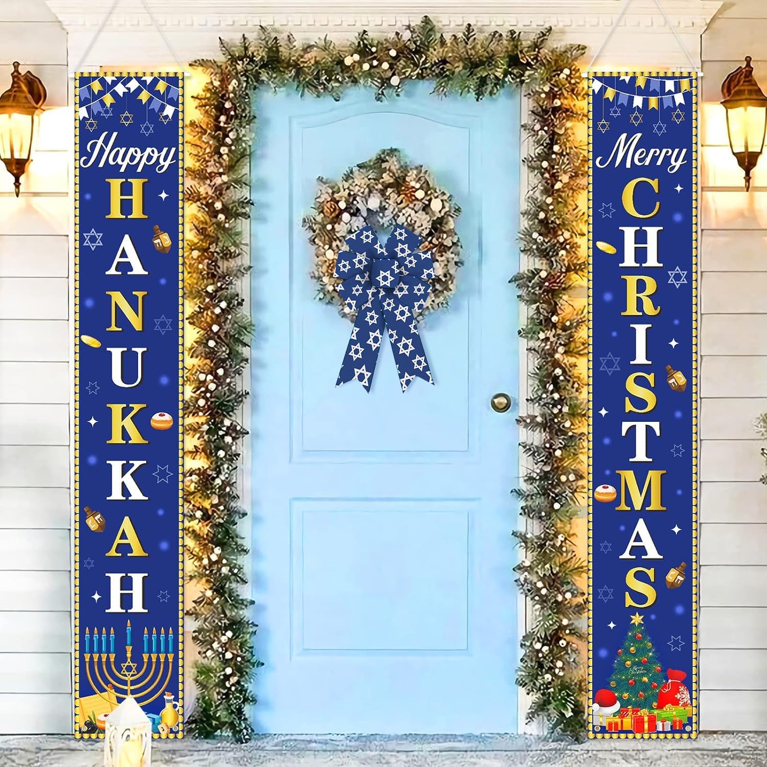 2 lazos de Hanukkah para corona, lazos de corona azul de Navidad judía, lazos rústicos de granja para puerta delantera, adornos de pared de la