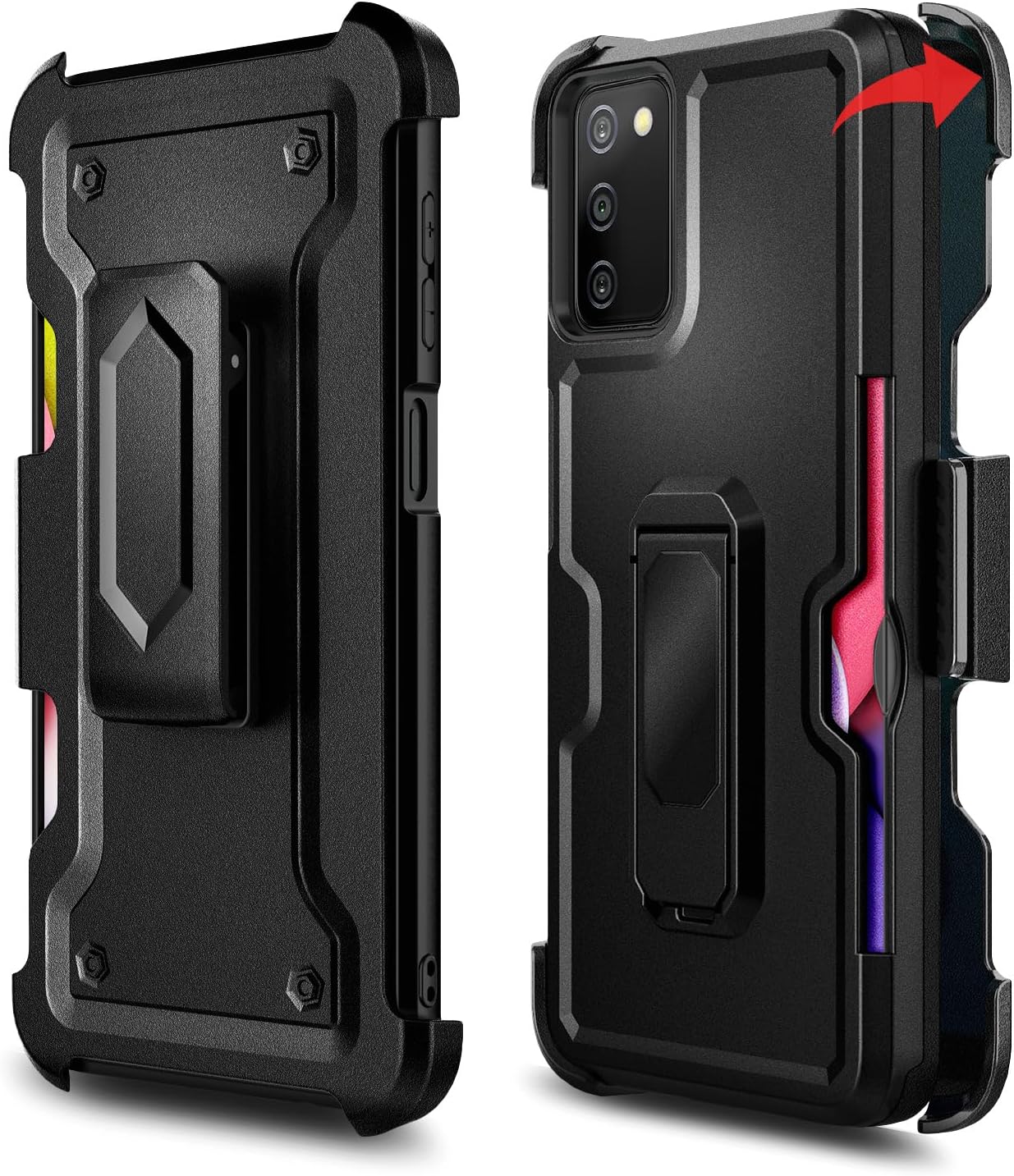 NZND Funda para Samsung Galaxy A03S con protector de pantalla de vidrio templado (cobertura máxima), funda de clip para cinturón con soporte