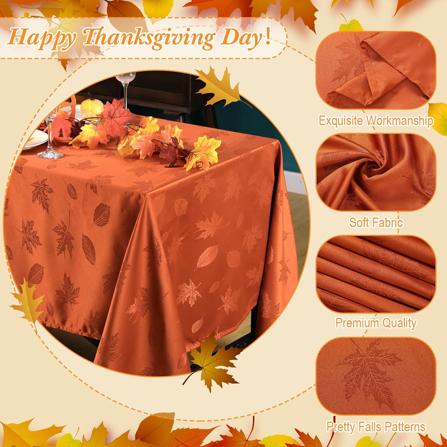 Preboun Mantel rectangular de otoño de 2 piezas, mantel de Acción de Gracias, hojas de arce, mantel rectangular de tela con hojas de otoño, color