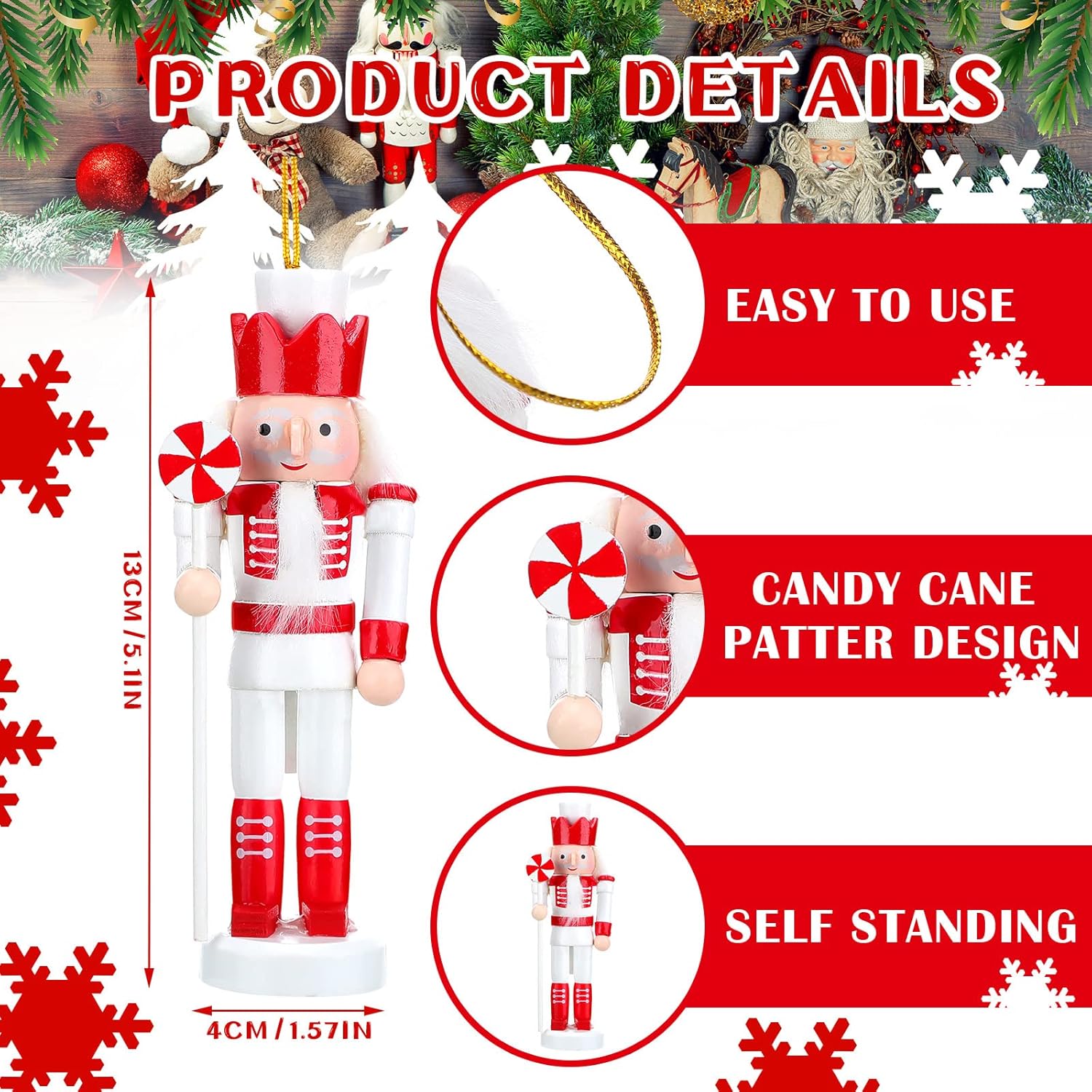Juego de 5 adornos de cascanueces de Navidad, figuras de soldado de madera de bastón de caramelo con purpurina de 5 pulgadas, decoración colgante de