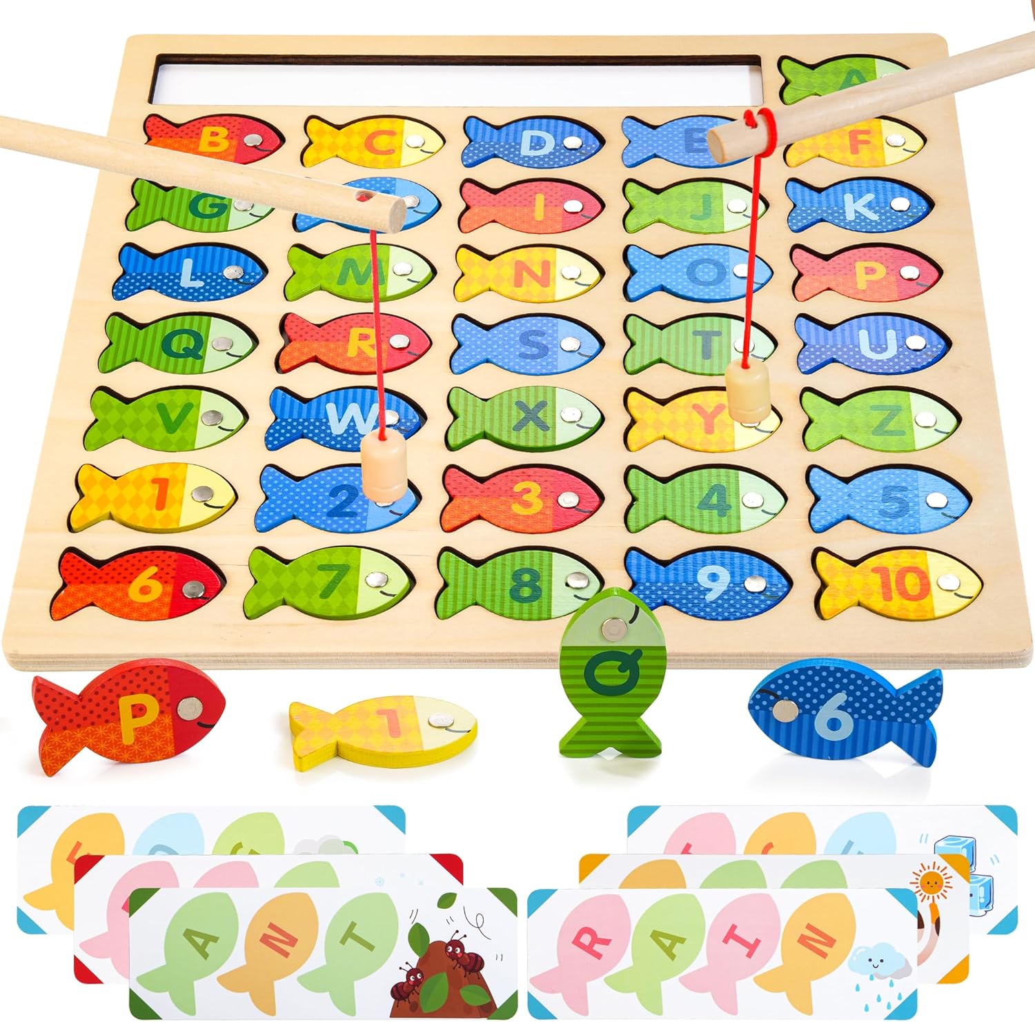 Juego de pesca magnética de madera, rompecabezas Montessori preescolar del alfabeto ABC aprendizaje juguetes educativos con tarjetas de palabras,