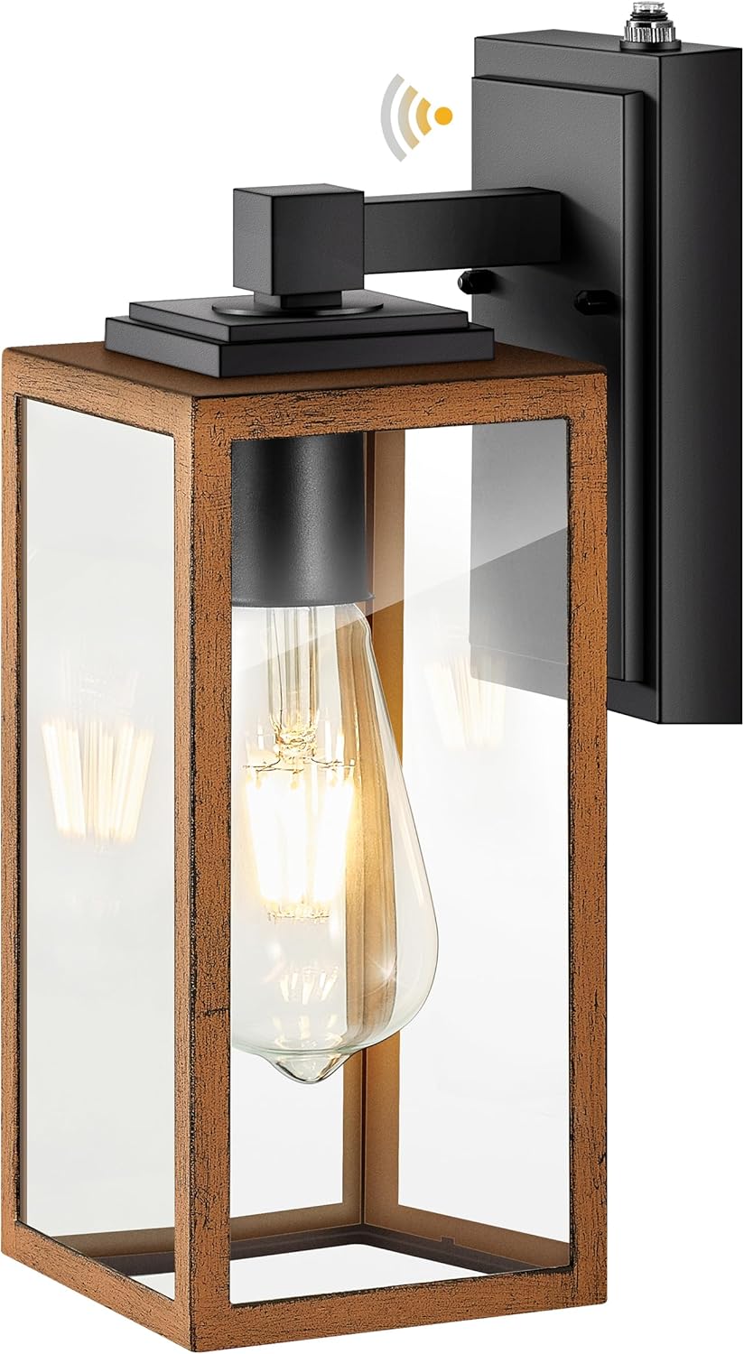 VIANIS Luces de pared del atardecer al amanecer, lámpara exterior de grano de madera, luz de garaje de vidrio transparente, aplique de luces