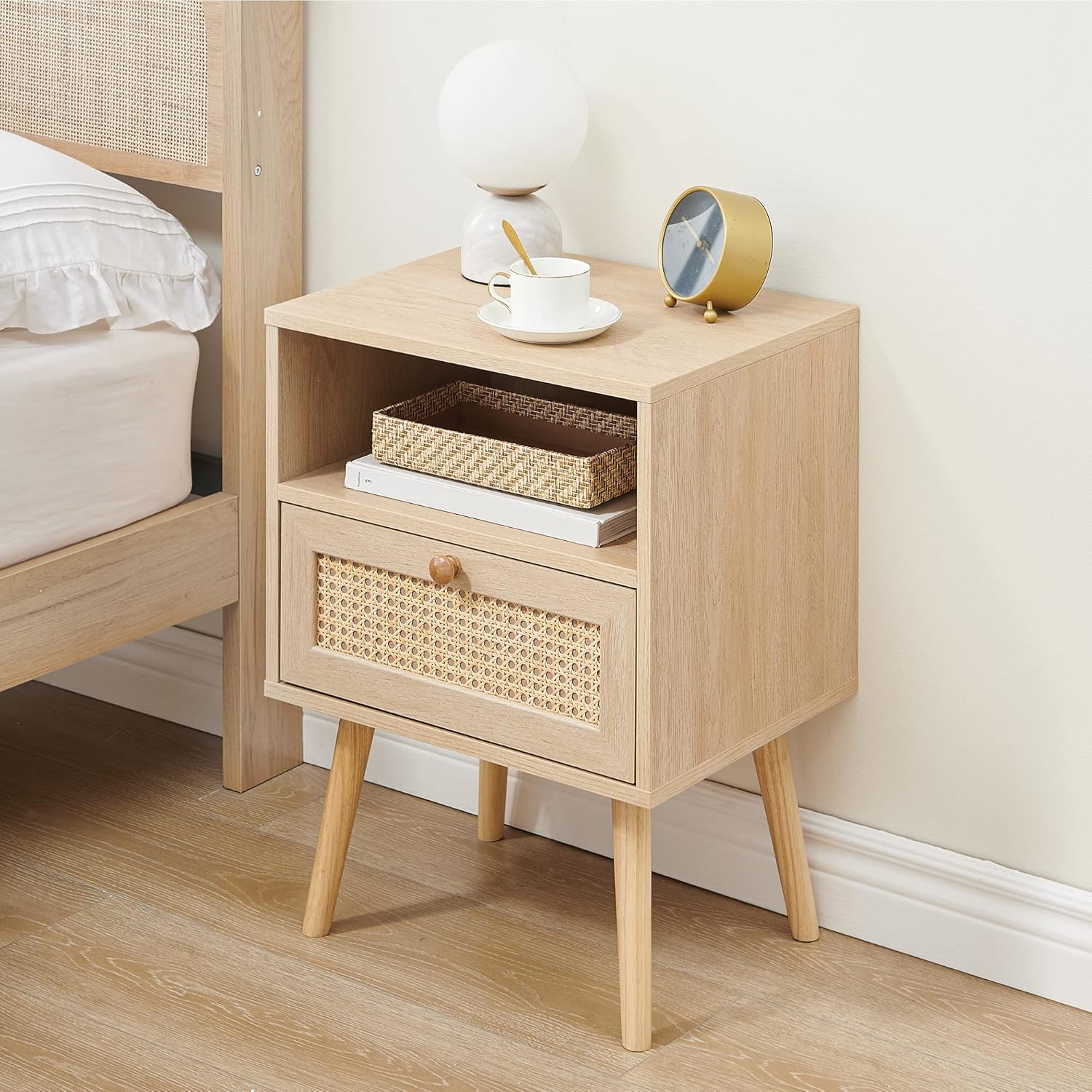 IDEALHOUSE Mesita de noche de ratán, mesa auxiliar con cajón, mesa auxiliar con estante de almacenamiento para dormitorio, sala de estar, dormitorio