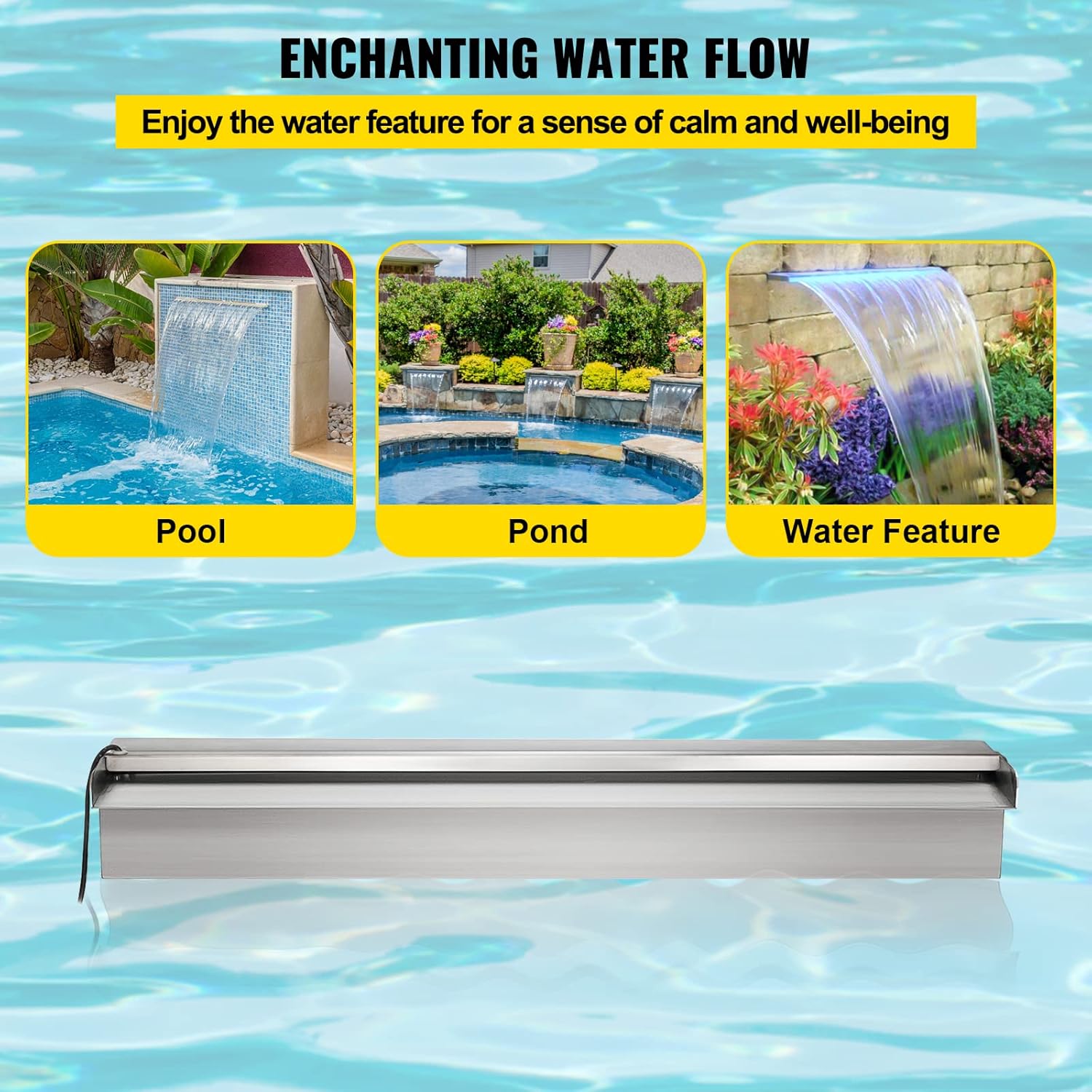 VEVOR Fuente de piscina de acero inoxidable, cascada de piscina de 23.6 x 4.5 x 3.1 pulgadas (ancho x profundidad x alto) con tira de luz LED,