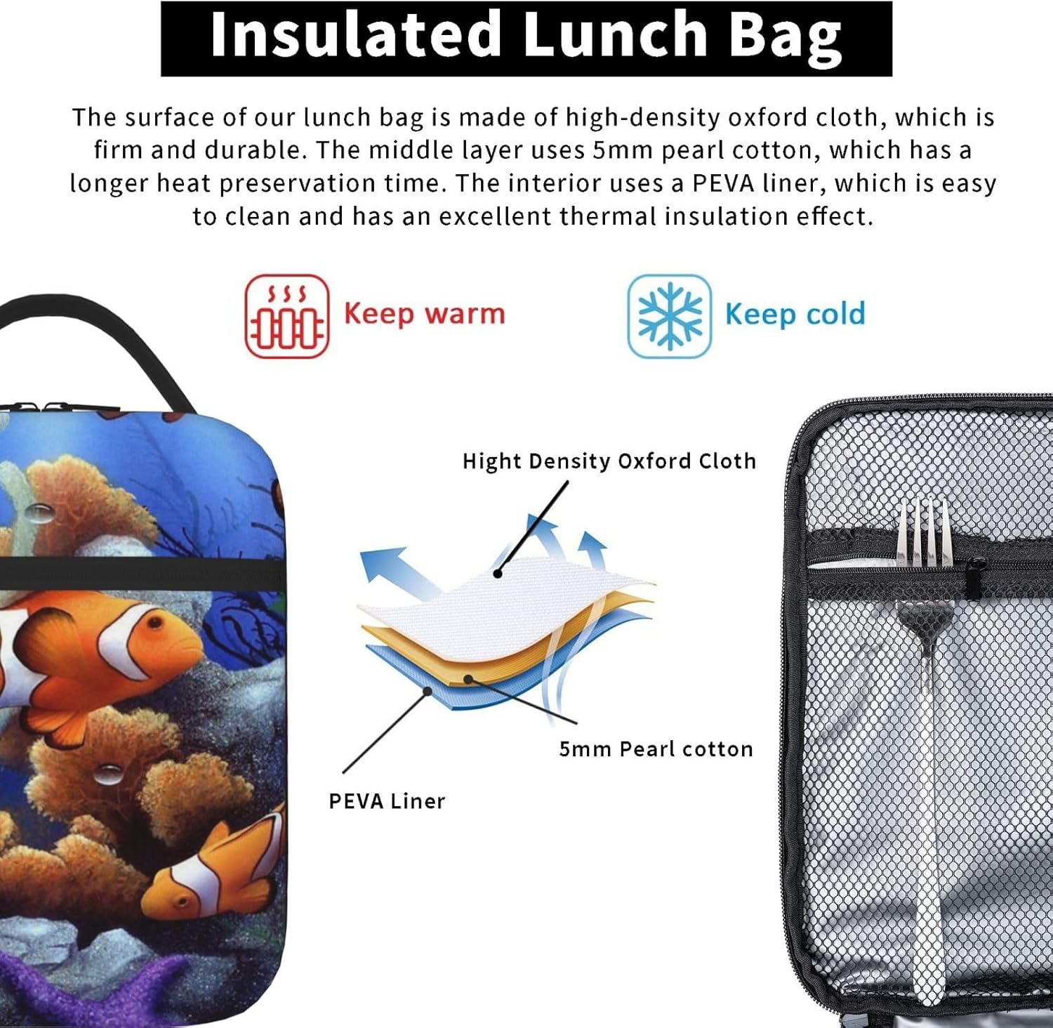 Lonchera con bolsillo lateral, bolsa suave aislada con diseño de peces payaso de dibujos animados, bolsa de almuerzo térmica para picnic de trabajo