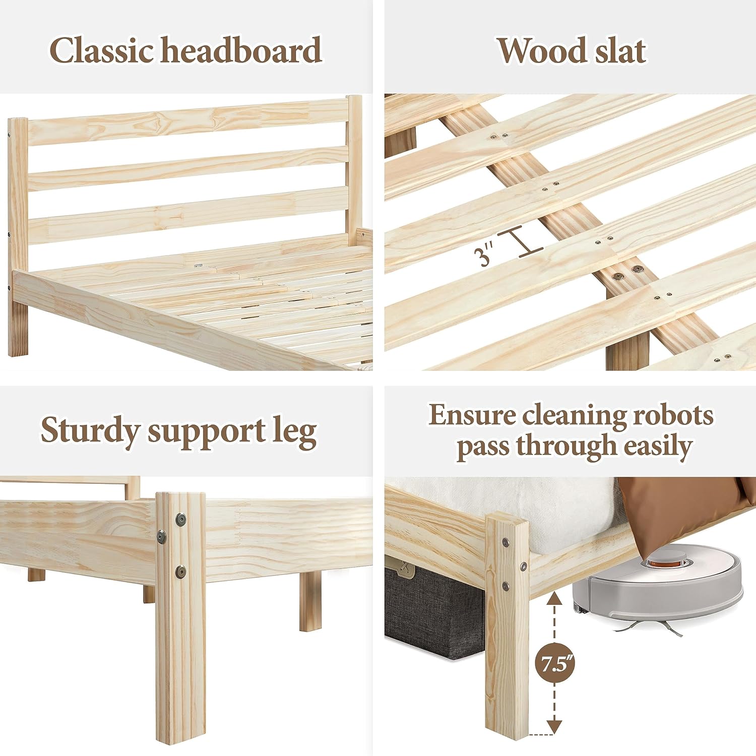 Yaheetech Base de cama Queen con plataforma de madera de pino maciza con cabecera con paneles, estilo Wicklow, soporte de listones de madera, sin