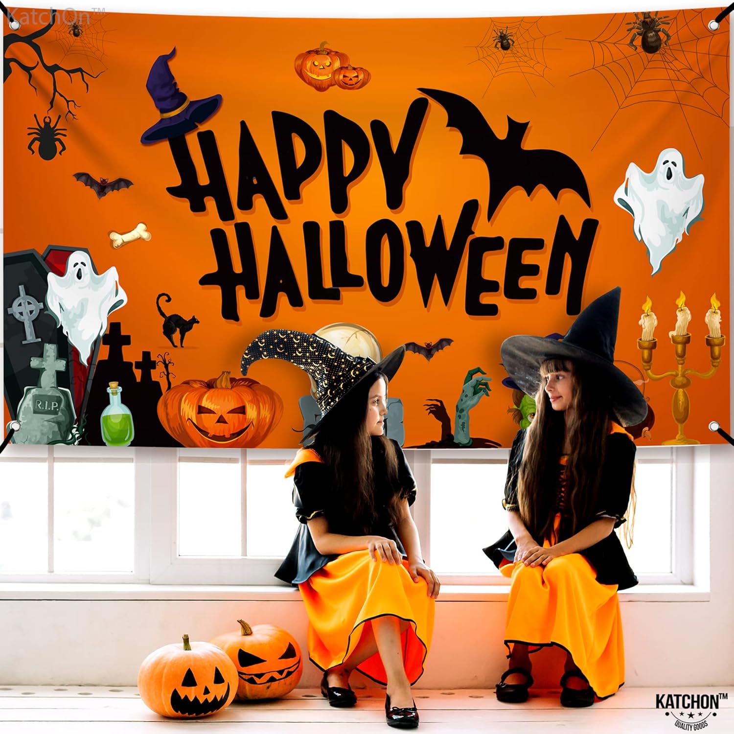 Fondo extragrande de Halloween para fotografía de 72 x 44 pulgadas, 2 piezas, pancarta naranja de feliz Halloween, cartel de truco o trato,