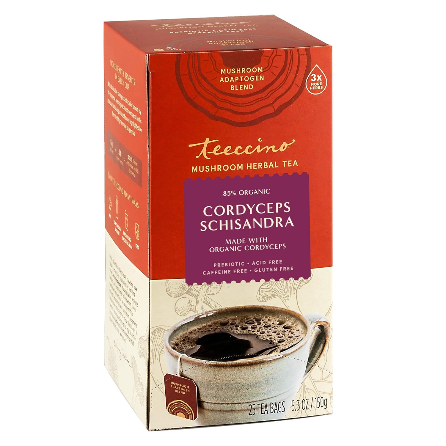Teeccino Cordyceps Schisandra Tea – Cinnamon Berry – Té de hierbas adaptogénico de hongos sin cafeína, 3 veces más hierbas que las bolsas de té