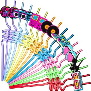 Decoración de fiesta de los años 80, pajilla, temática de hip hop, pajitas tontas para beber con texto en inglés “I Love 80s Radio Boombox, Decoración de fiesta de los años 80, pajilla, temática de hip hop, pajitas tontas para beber con texto en inglés “I Love 80s Radio Boombox,