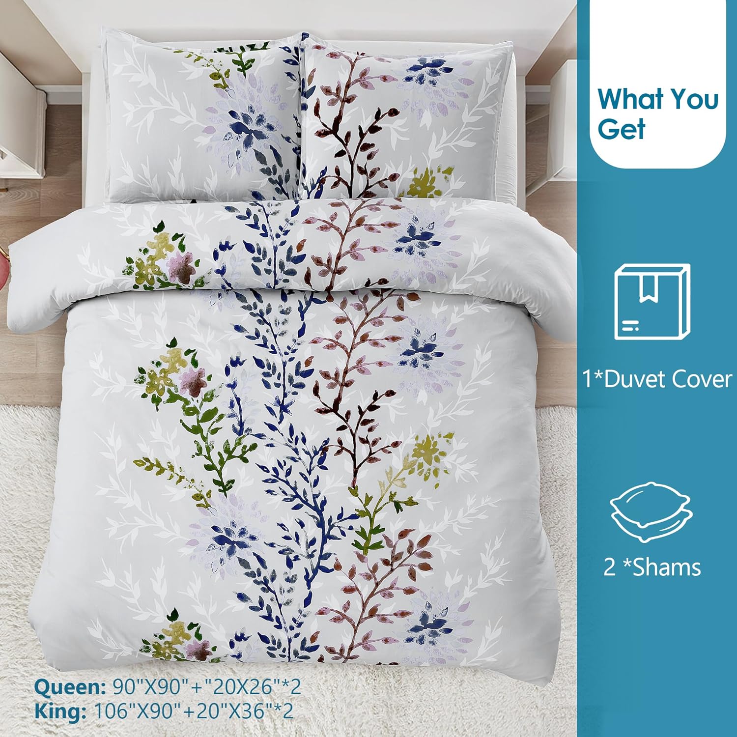 Style Quarters – Juego de funda de edredón de 3 piezas, 100 % algodón, con siluetas de hojas blancas, funda de edredón de algodón tamaño King,