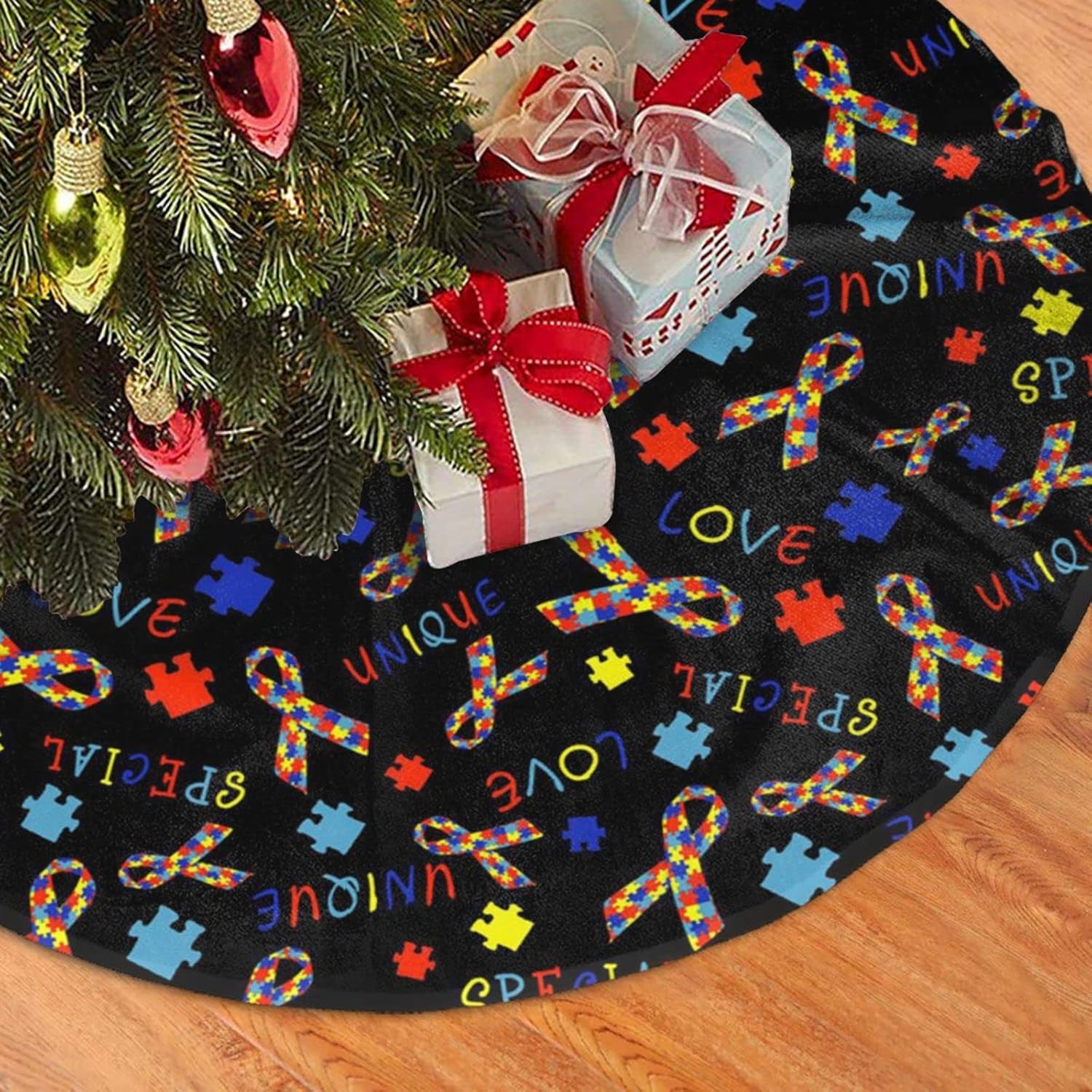 Falda de árbol de Navidad con diseño de rompecabezas, adorno para fiesta de conciencia sobre el autismo, decoración del hogar, fiesta de
