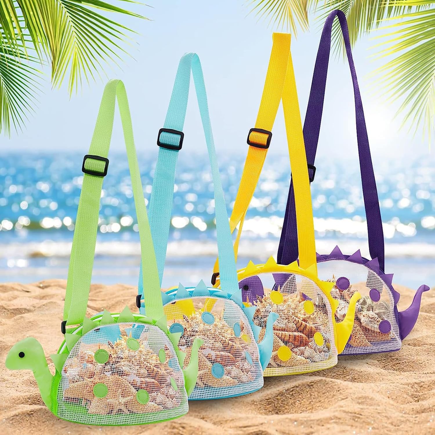 Bolsa de playa de malla para juguetes de playa, bolsa de recolección de conchas para niños, bolsa de juguetes de playa de dinosaurio para sostener