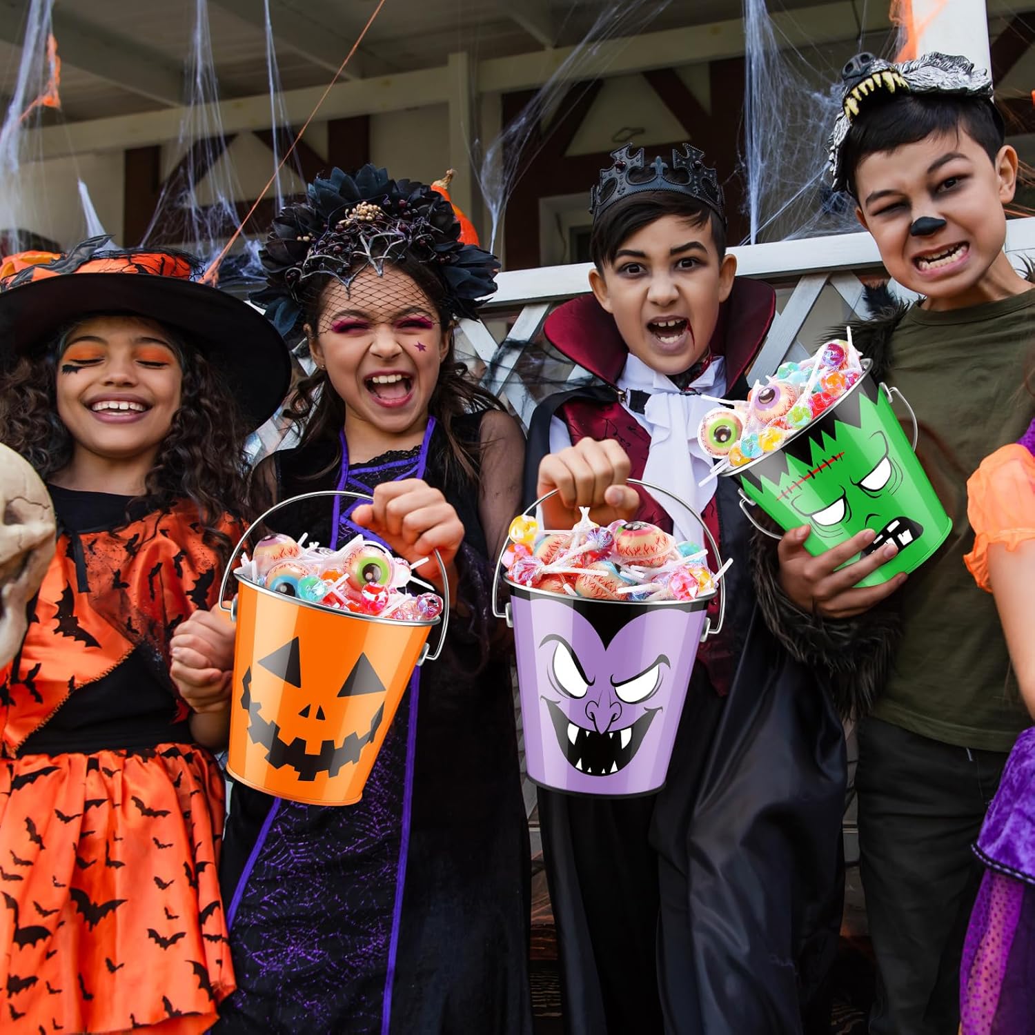 6 cubos de Halloween de metal a granel para niños, regalos de fiesta, cubo de dulce o truco con asa, cubo de dulces de calabaza de color calabaza