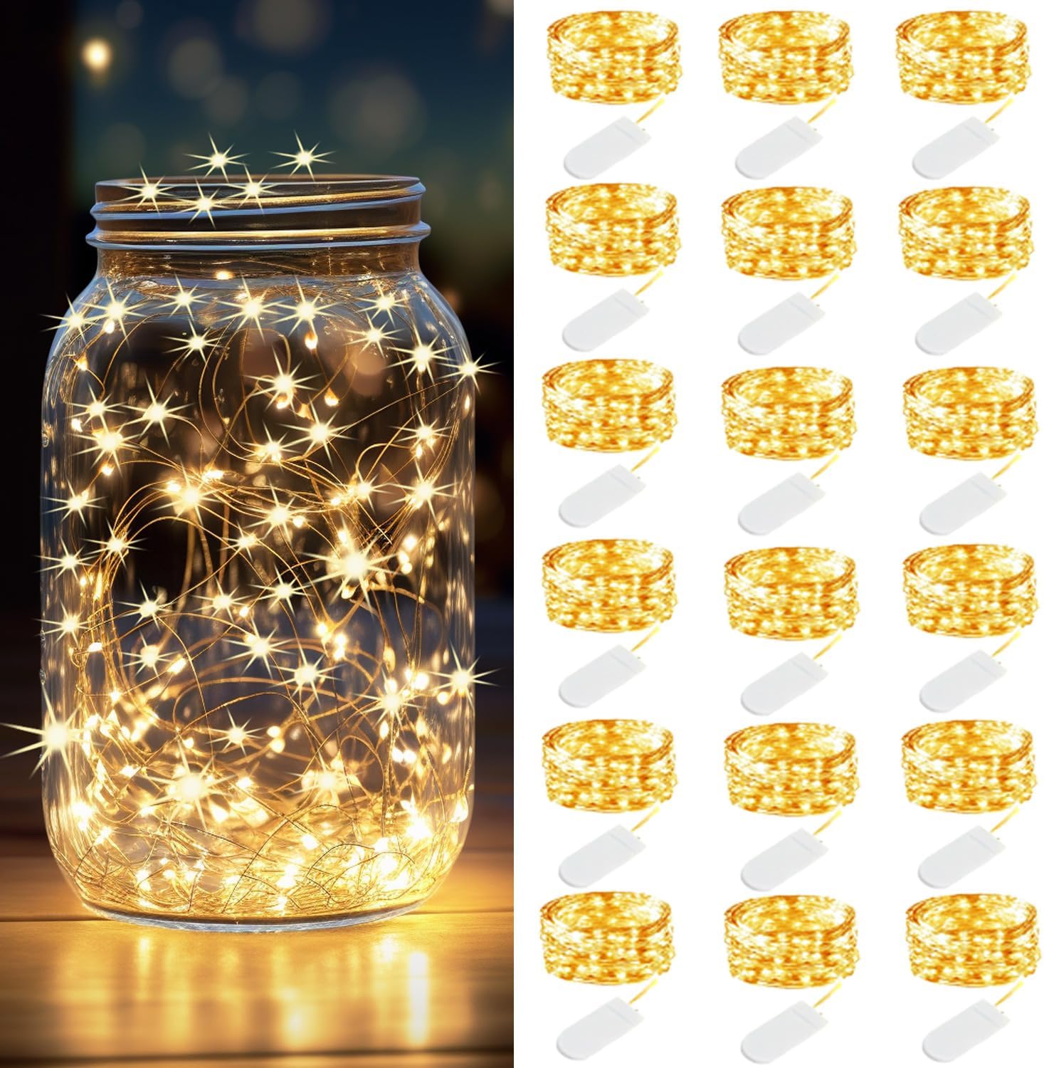 Paquete de 18 mini luces de hadas que funcionan con pilas, 3.3 pies, 20 luces LED de alambre plateado, luces de luciérnaga blancas cálidas para