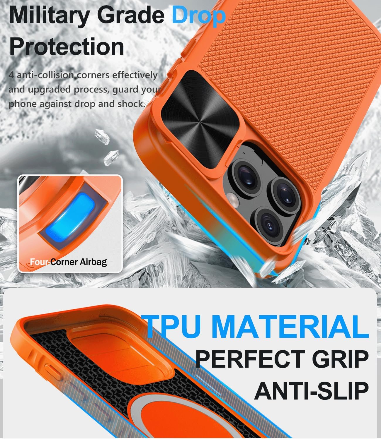 SIXBOX Funda delgada mejorada para iPhone 15 Pro Max, cubierta deslizante integrada para cámara y borde de parachoques de TPU, funda rígida de