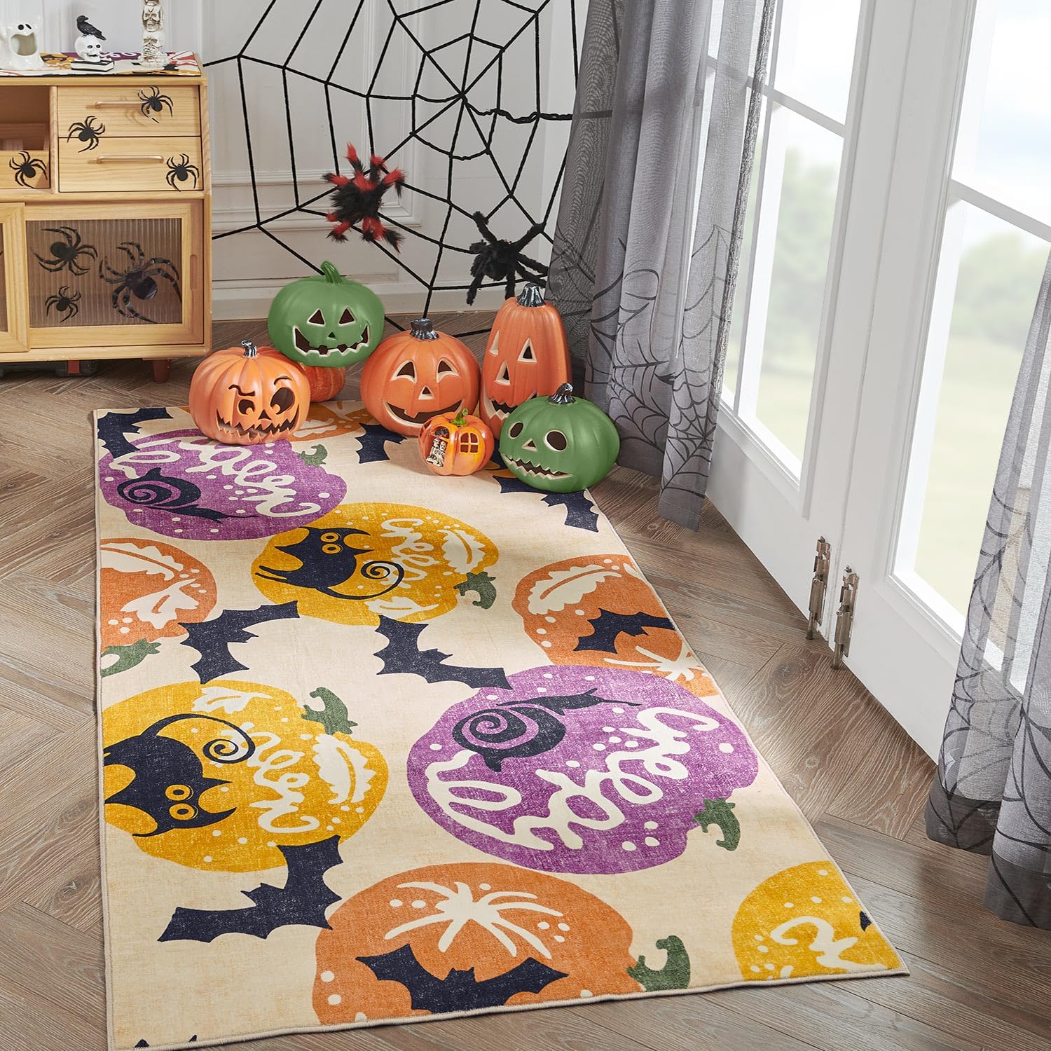 jinchan Alfombra de pasillo de Halloween de 3 x 6 pies, bonita alfombra de calabaza, gato negro, murciélago, alfombra suave y cómoda, alfombra de