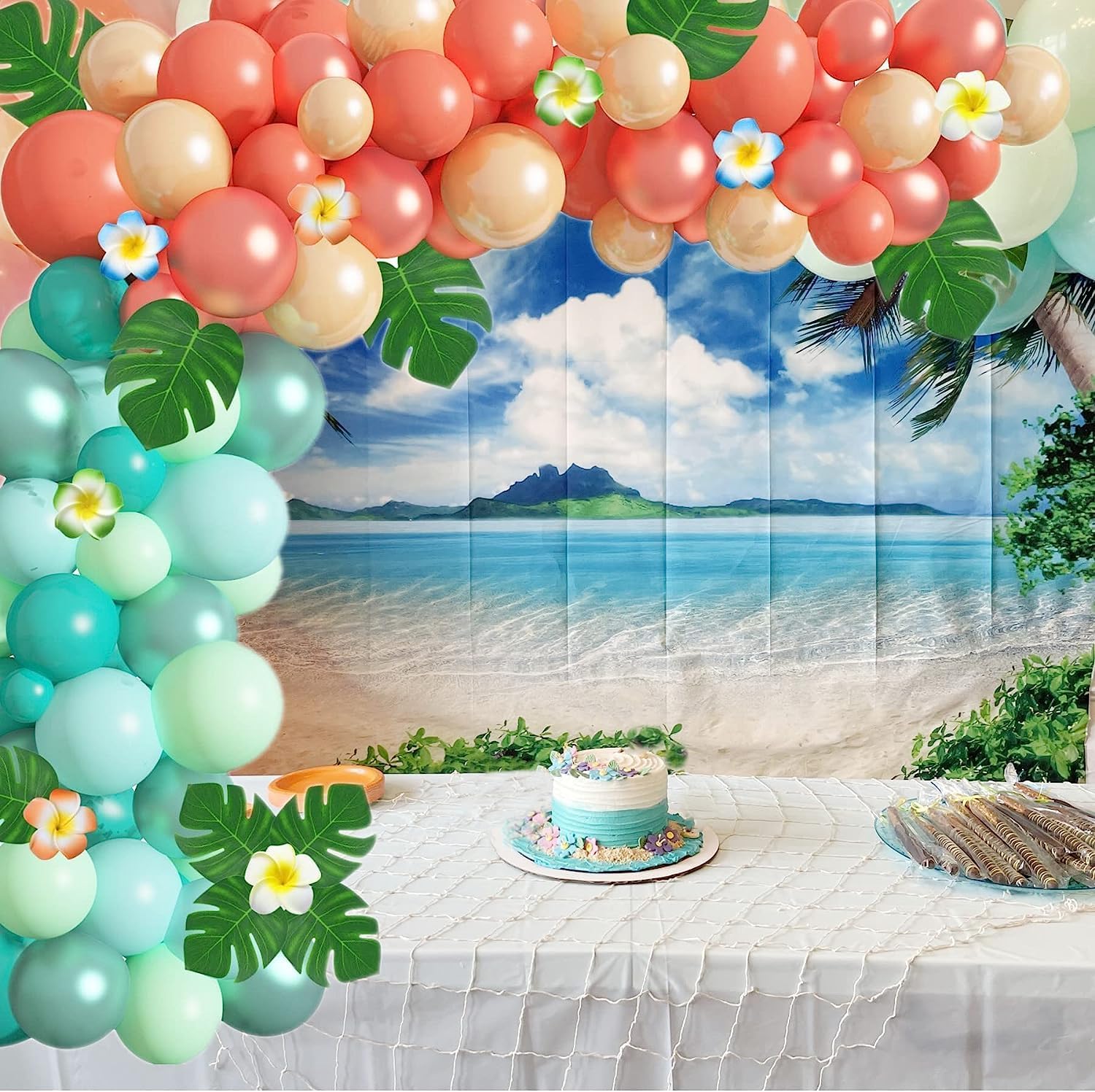 Ouddy Party Kit de arco de guirnalda de globos tropicales, globos de 12 pulgadas, 10 pulgadas, 5 pulgadas, color oro rosa, azul rubor, hojas de