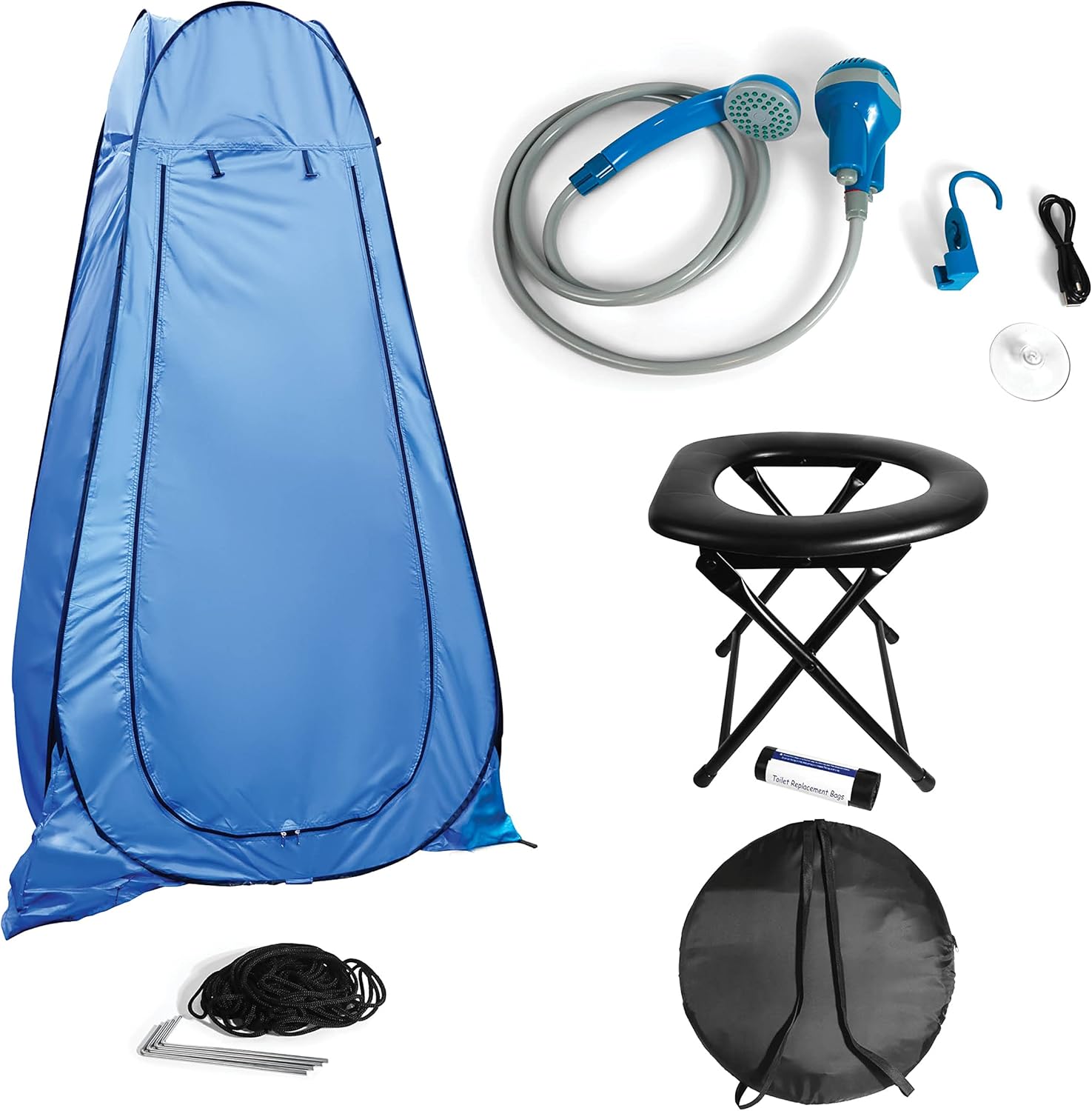 Juego de accesorios de viaje portátil para camping, tienda de campaña de privacidad, cabezal de ducha al aire libre, bolsas de repuesto portátiles