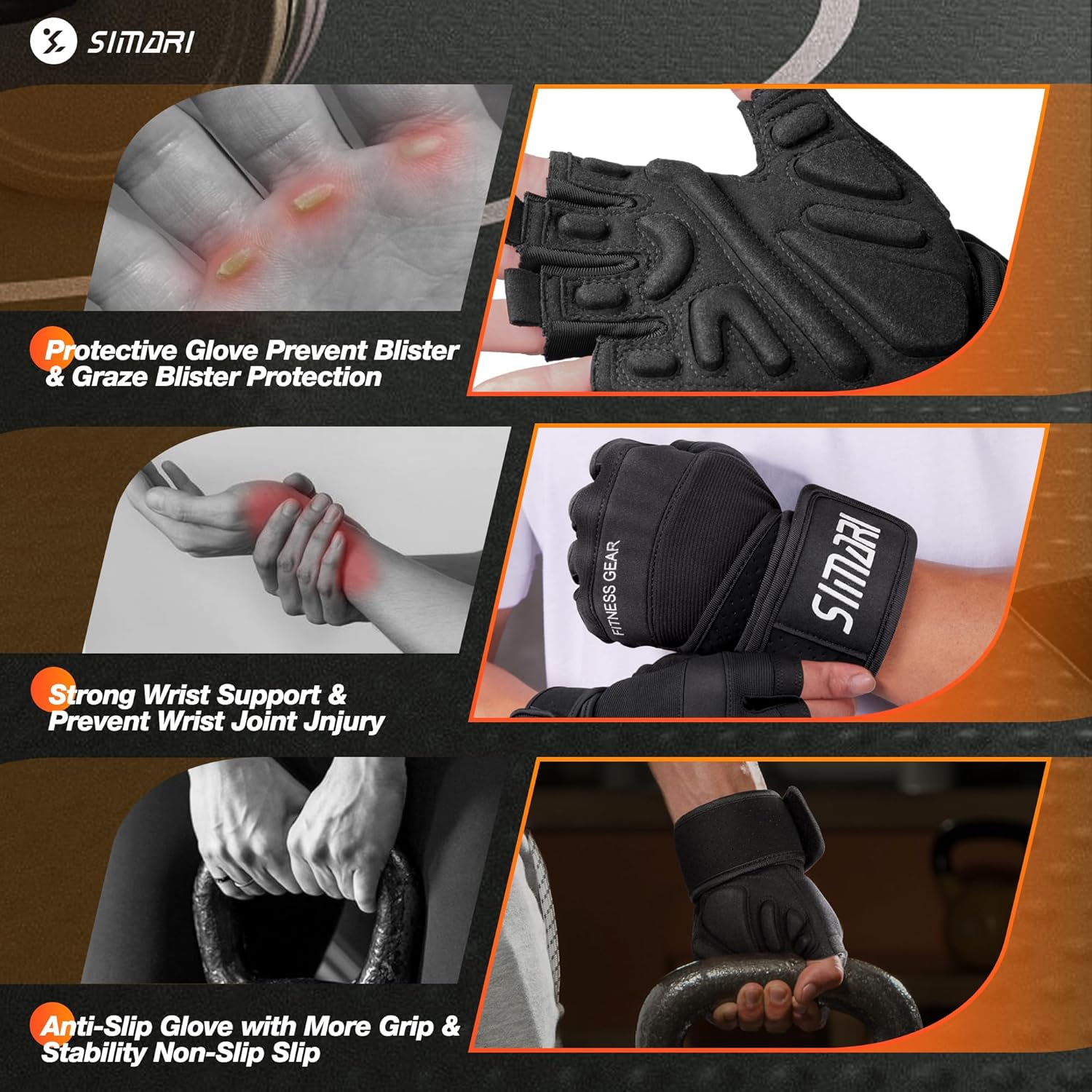 SIMARI Guantes de entrenamiento acolchados para hombres y mujeres, guantes de levantamiento de pesas ventilados con soporte de muñequera, protección