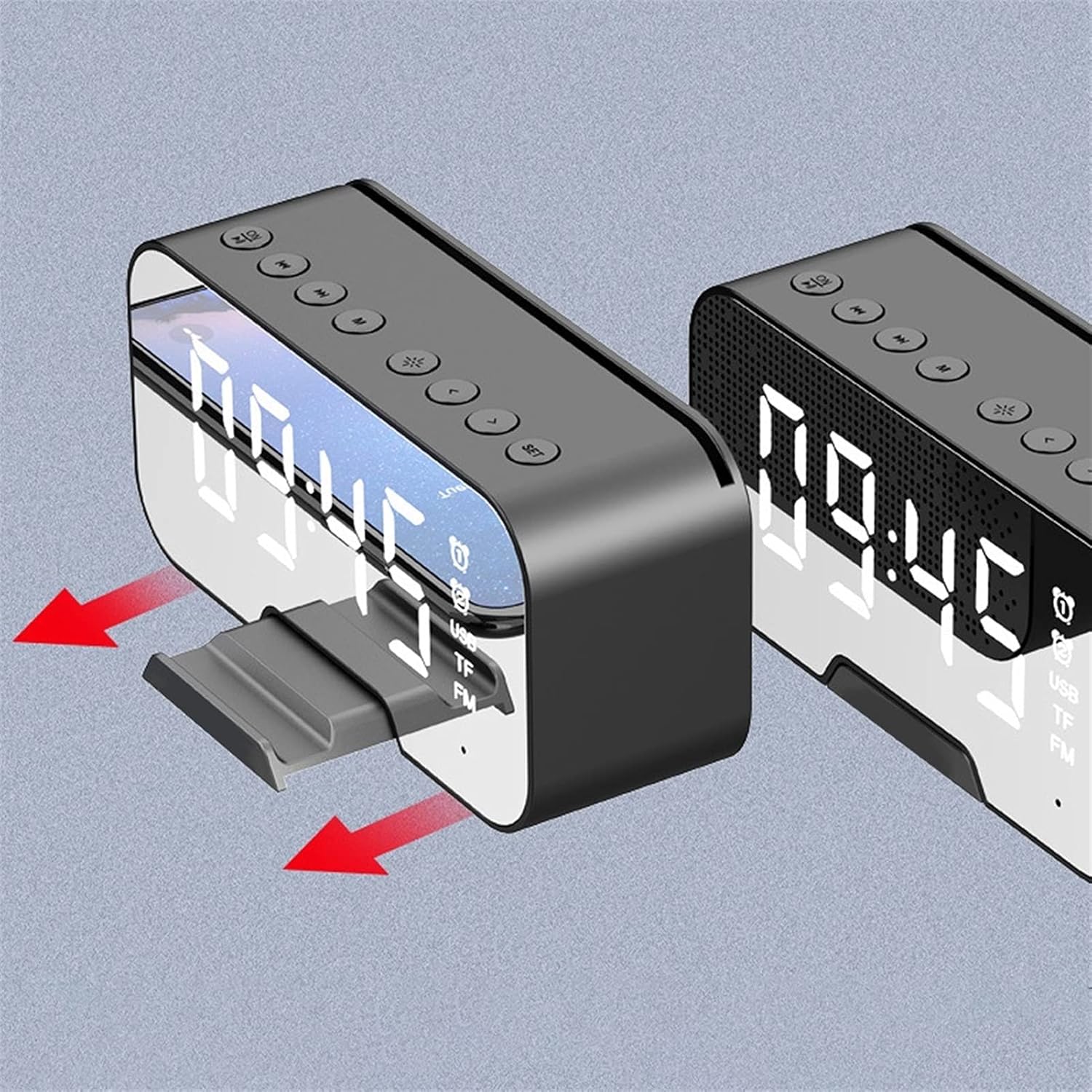 Reloj despertador, material ABS, espejo multifunción, altavoz Bluetooth con radio FM, subwoofer inalámbrico, reproductor de música, reloj de mesa,
