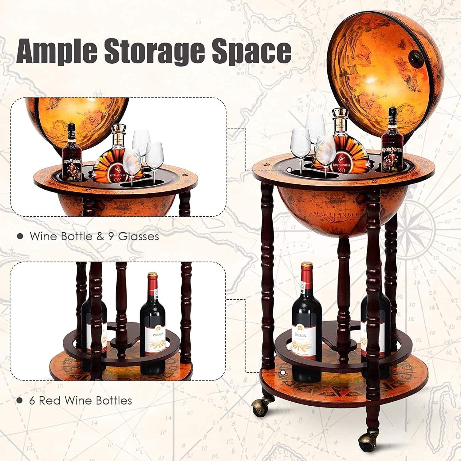 GOFLAME Wood Globe – Soporte para bar de vinos, estante italiano del siglo XVI, estante para botella de licor, gabinete de barra de globo con