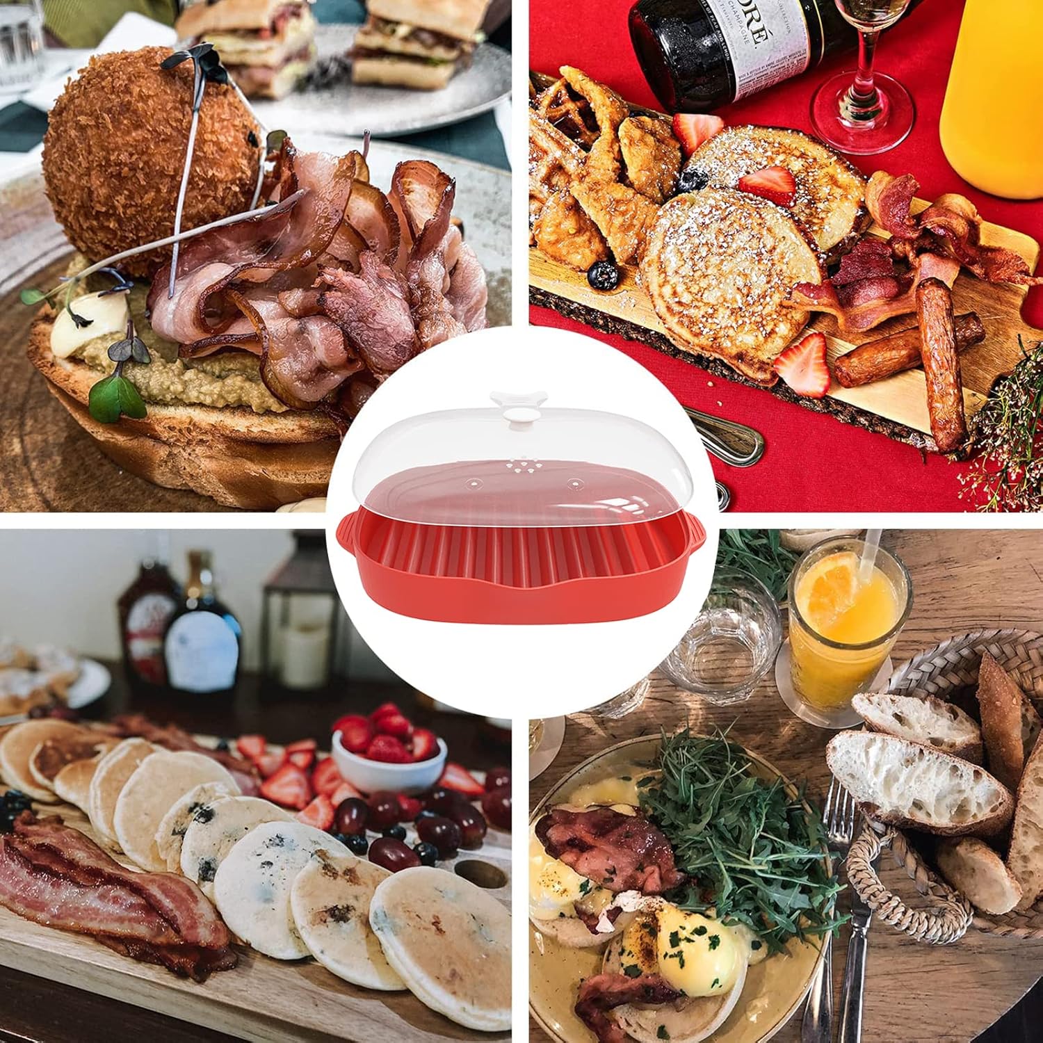 Máquina de tocino fácil para microondas, 2 bandejas para parrilla de tocino, olla de tocino con tapa para salpicar, haz tocino crujiente en minutos