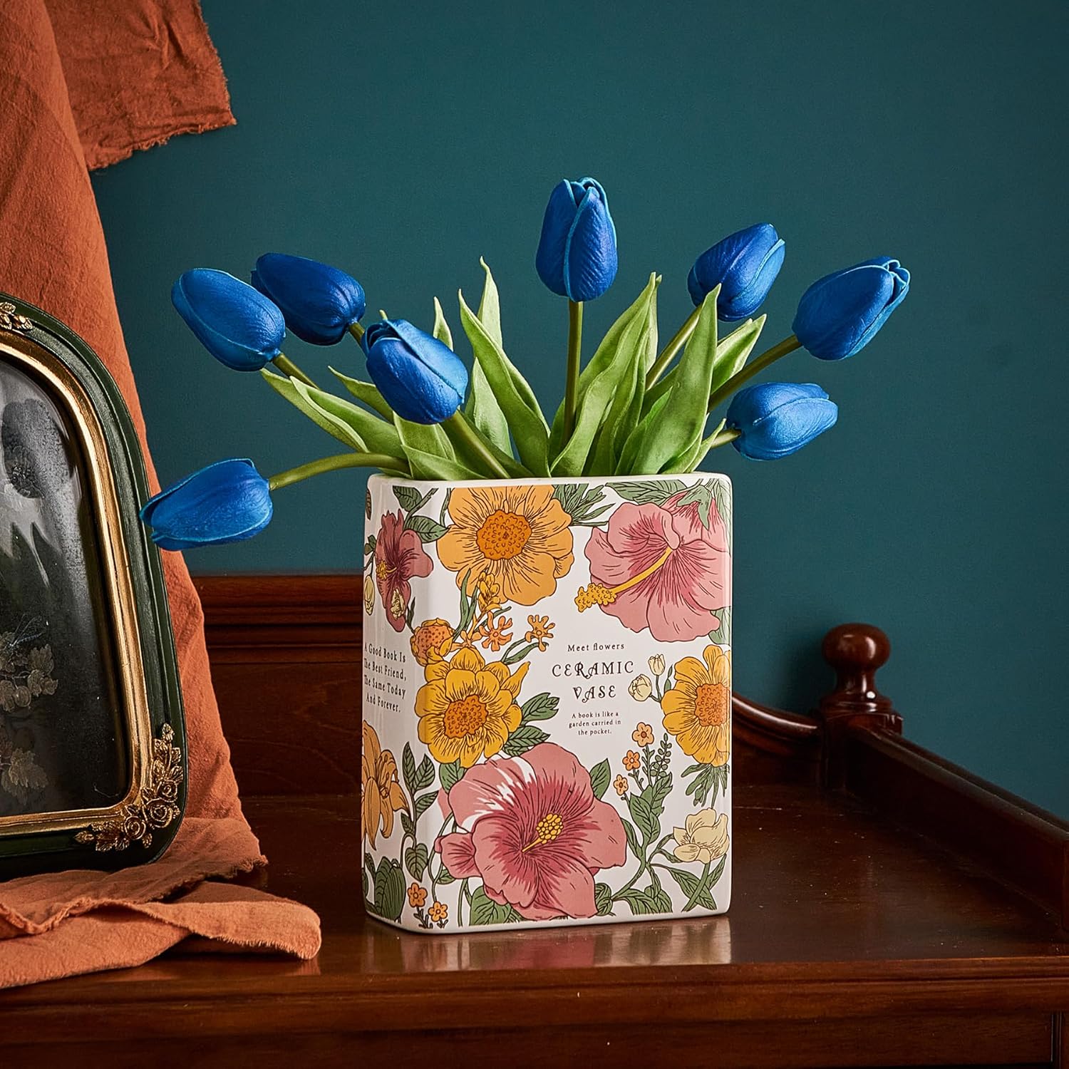 Florero de cerámica blanca con forma de libro, florero decorativo rectangular estético para flores, decoración única del hogar para centro de mesa,