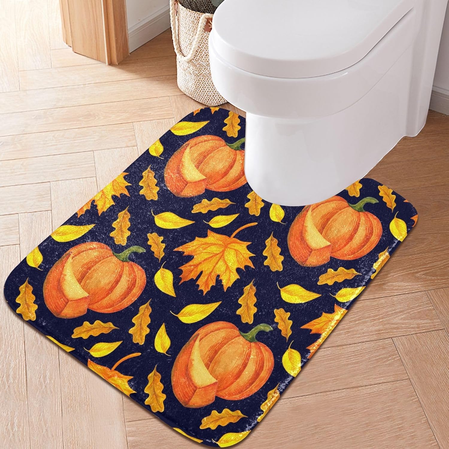 Bathroom Rugs Sets 2 Piece 24×16+24×20 Inch,Soft U-Shaped Contour Toilet Rug Orange Pumpkins Watercolor Non-Slip Absorbent Bath Floor Mat Carpet Set