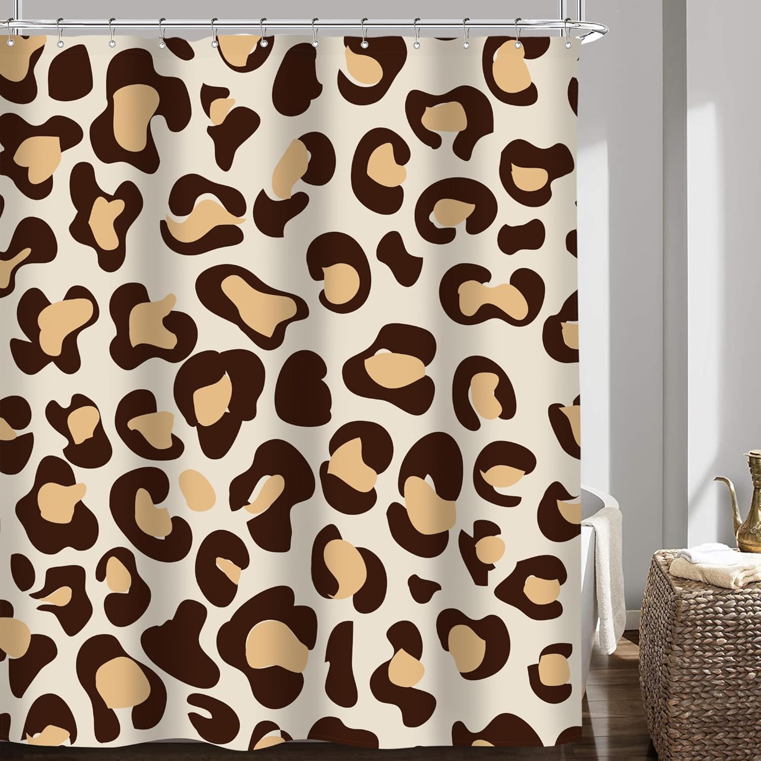 Riyidecor Cortina de ducha con estampado de leopardo marrón, diseño abstracto de dibujos animados, guepardo, animal, moderno, simple, minimalista,