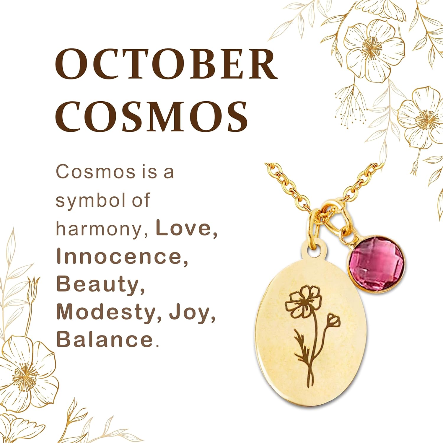 Birth Flower Necklaces for Women Trendy, 18K Gold Plated Dainty Birthstone Pendant Necklace Handmade Oval Coin Birthday Gifts for Women Girls Teens