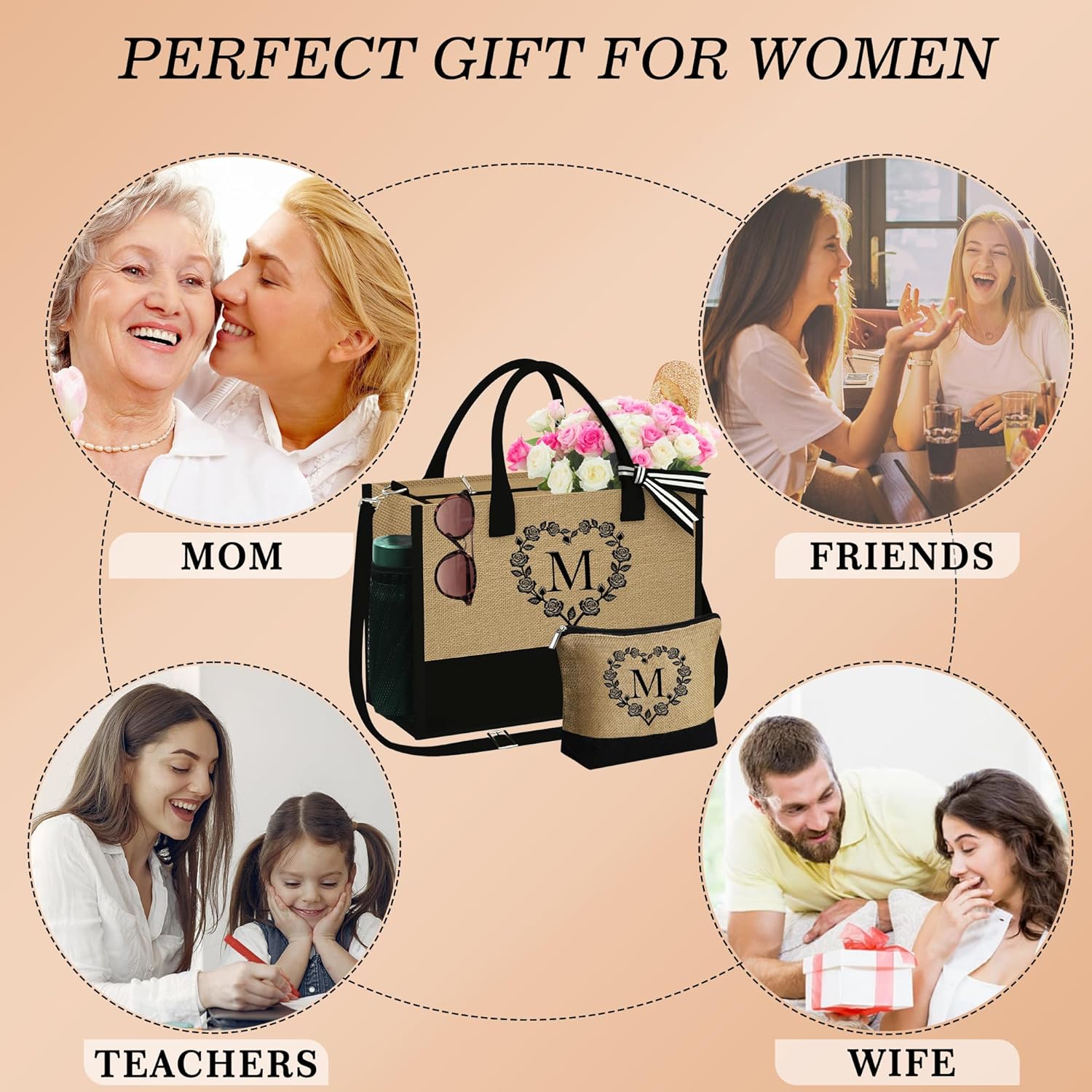 Regalos para mujeres  Bolsa de playa inicial y bolsa de maquillaje 2024, regalos de graduación, regalos de cumpleaños para ella mujer, Bolsa de