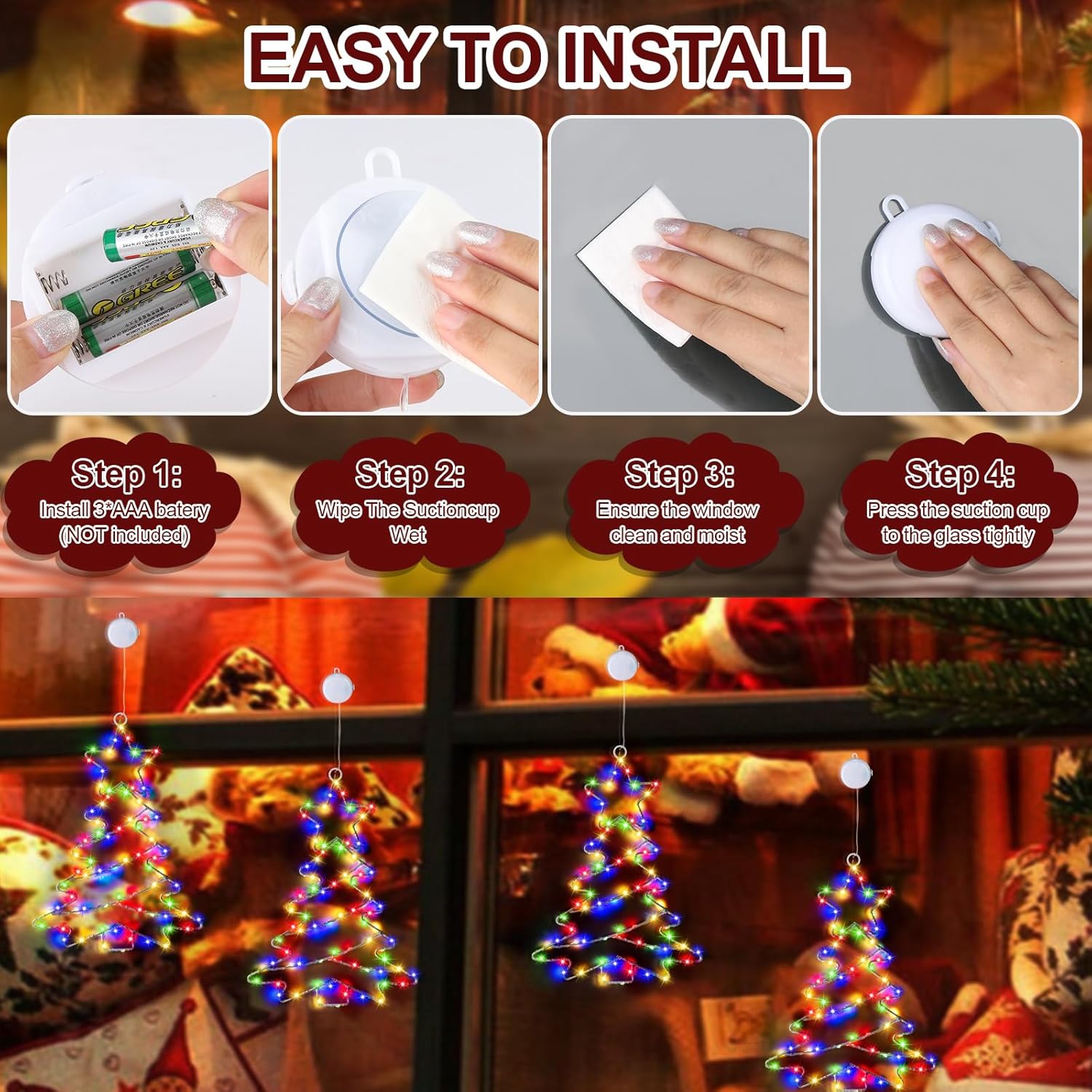 DANLI Decoraciones de Navidad para ventana, marco de hierro, luces de árbol de Navidad con ventosa, temporizador, funciona con pilas, luces de