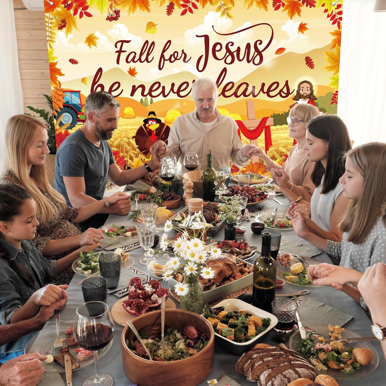 Cartel grande de otoño para Jesús, decoración de otoño para Jesús, telón de fondo de calabaza hoja de arce, decoración de fiesta de Acción de